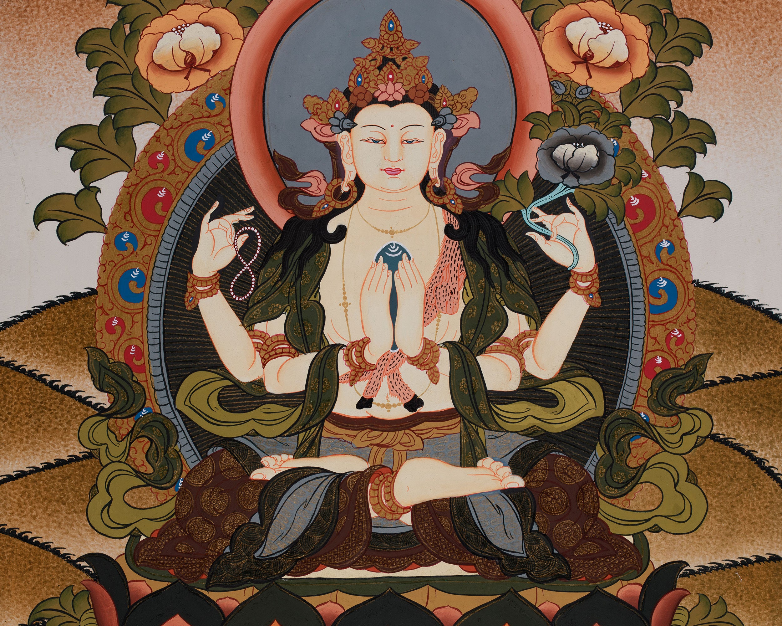 Original Hand painted 4 Armed Chenrezig Bodhisattva Thangka | Hand Painted Buddhist Art