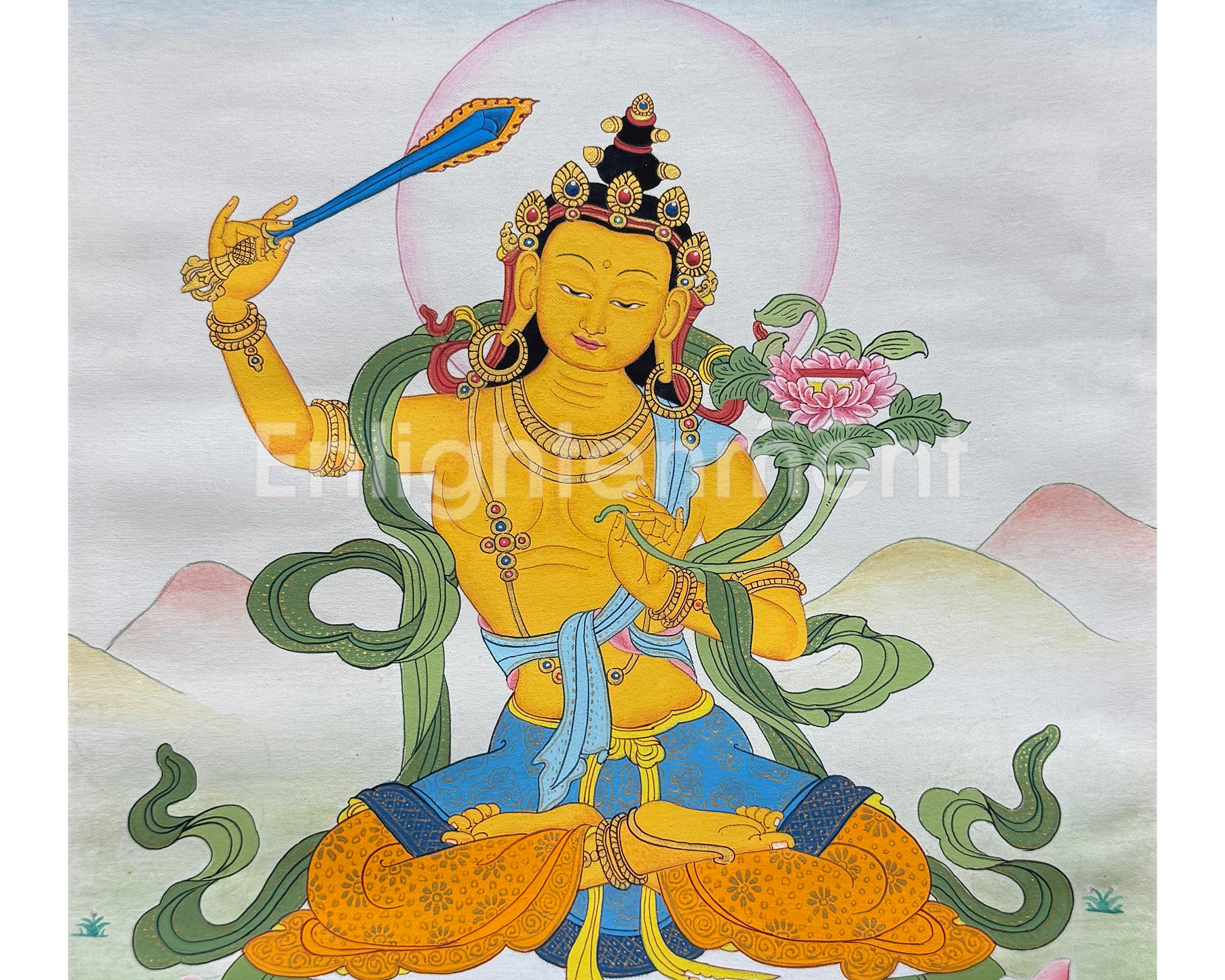 Manjushri Thangka With Brocade | Enlightened Protector of Knowledge