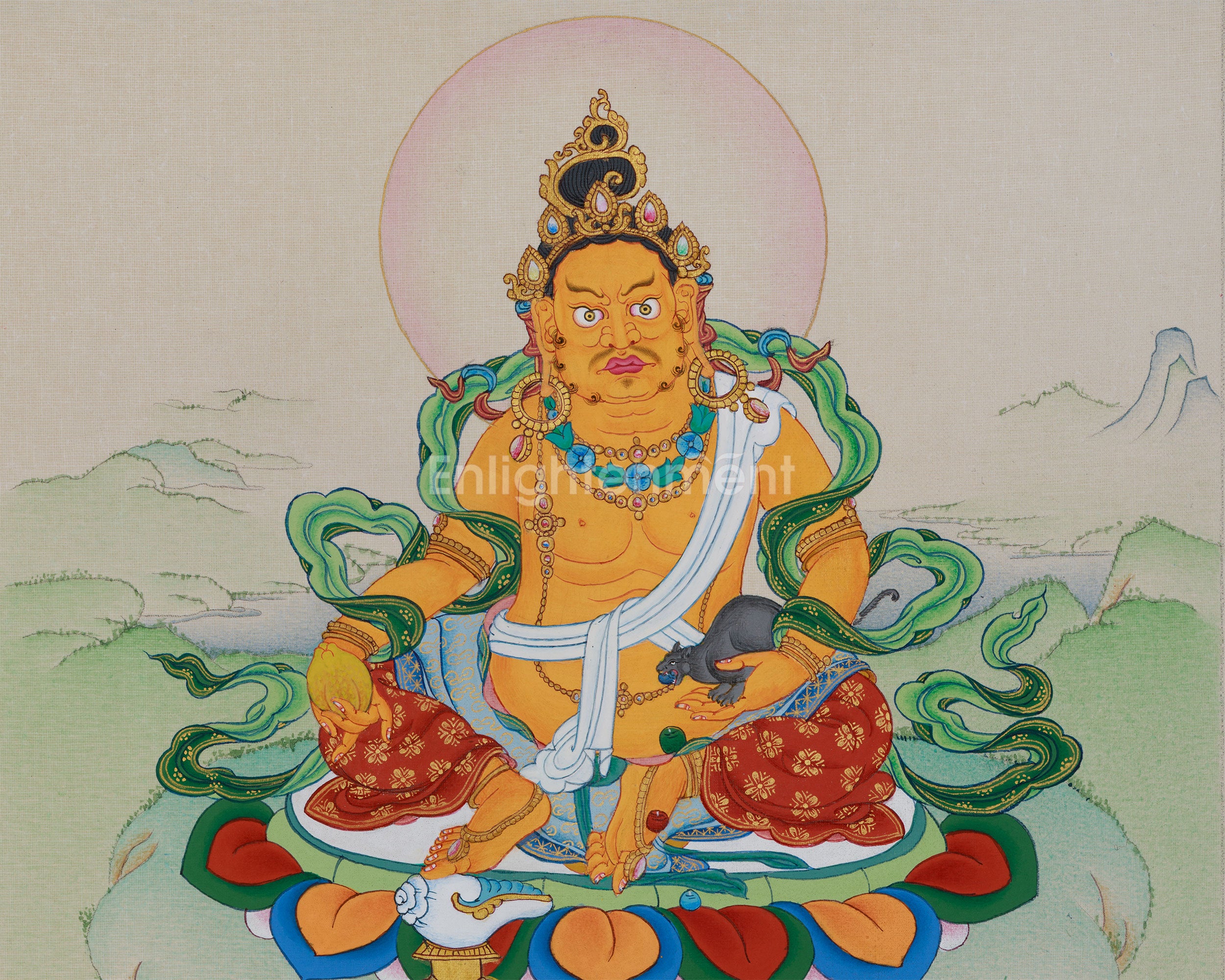 Buddhist Wealth Deity Dzambhala Thangka | Compact Prosperity Artwork