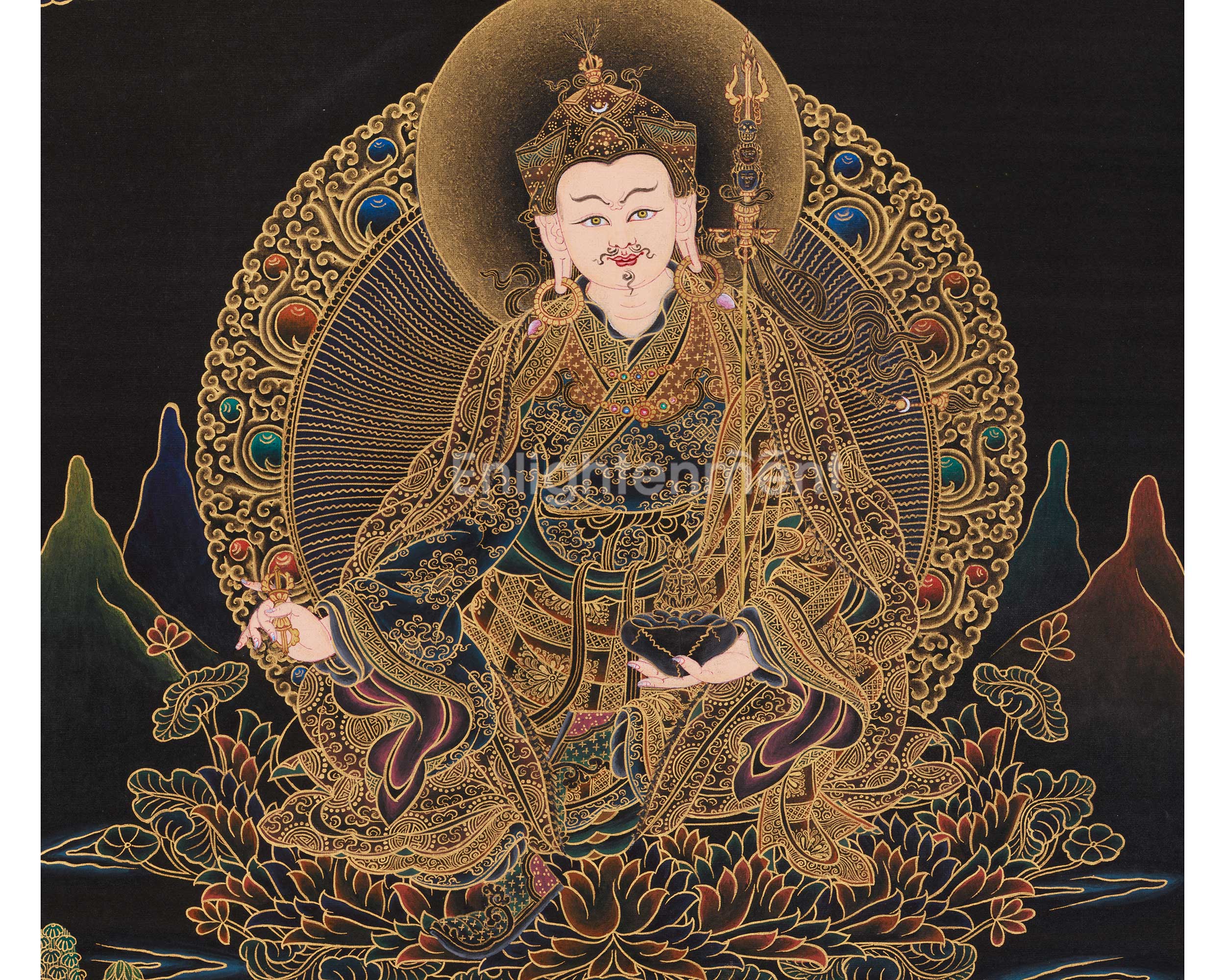 Black and Gold Thangka of Guru Rinpoche | Tantric Master of Vajrayana Buddh