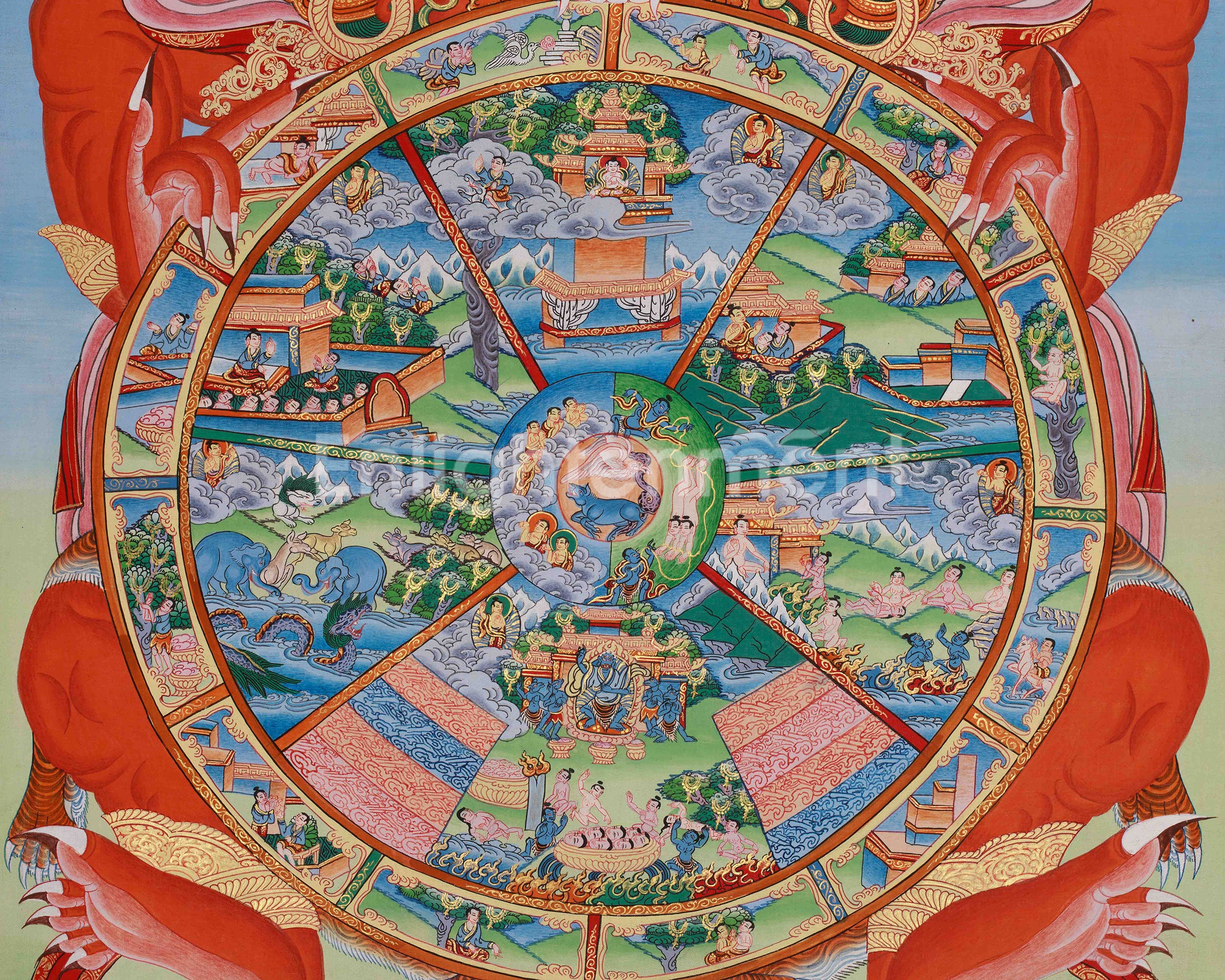 Tibetan Wheel of Life Art | Buddhist Samsara Wall Decor | Bhavachakra Thangka
