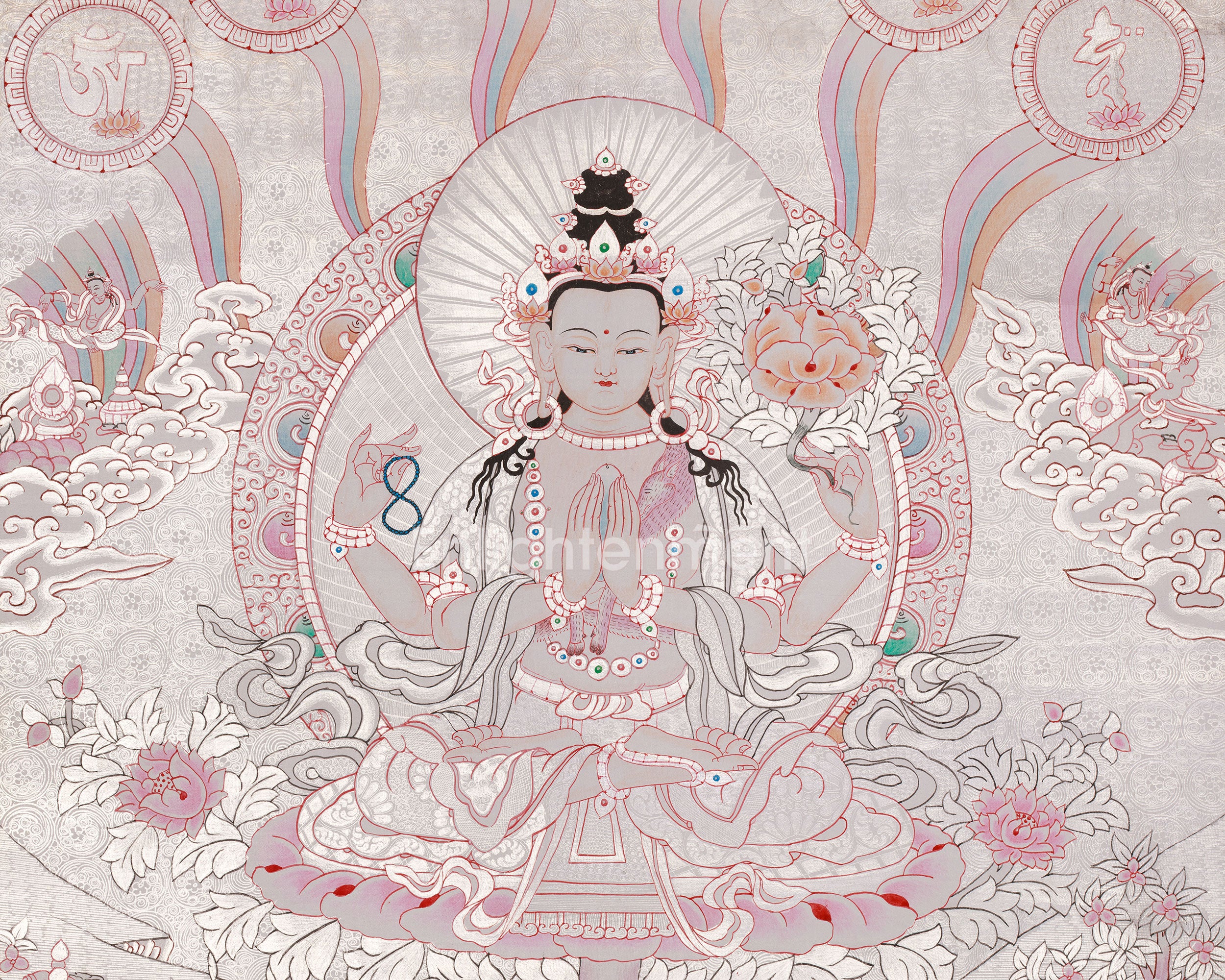 Spiritual Four-Armed Chenrezig Thangka | Avalokiteshvara Art | Meditation Altar