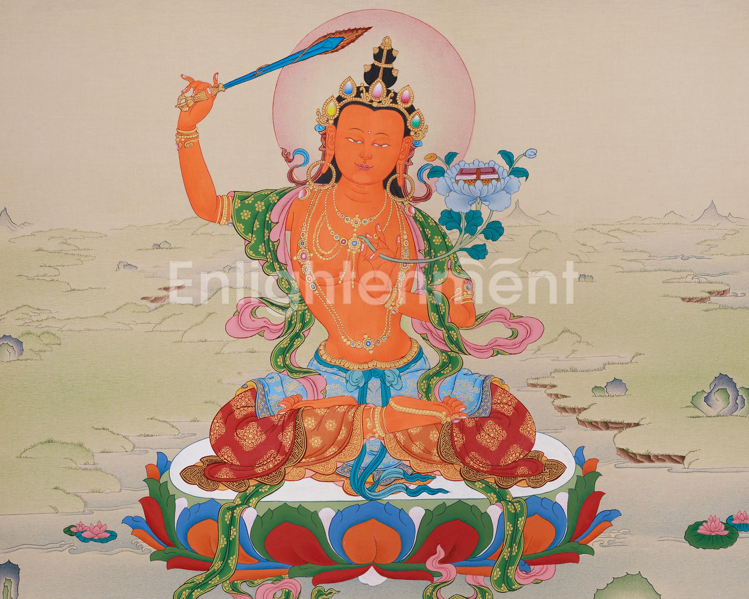 Hand-Painted 24 Inch Manjushri Thangka | Bodhisattva of Profound Knowledge