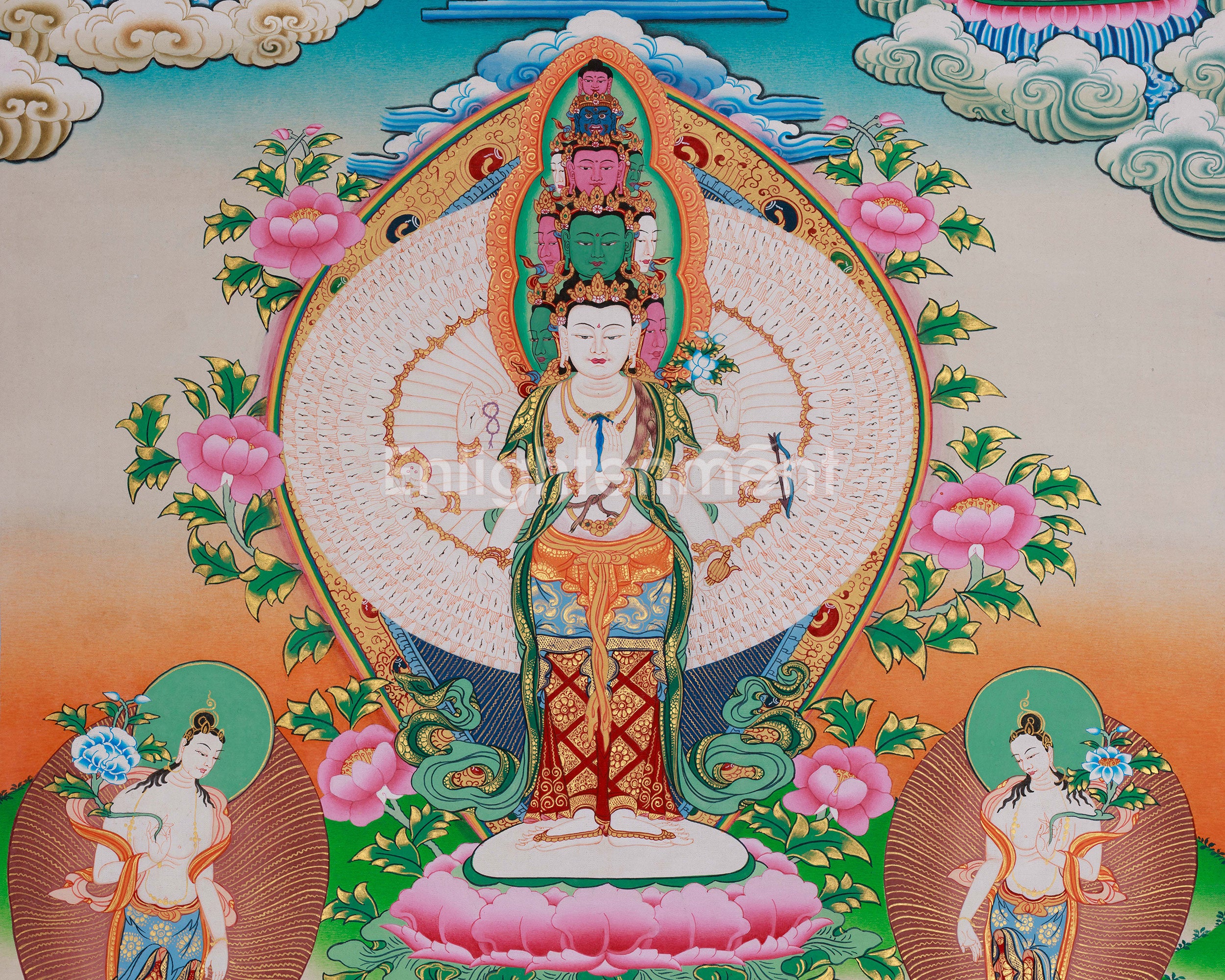 1000 Armed Chenrezig Buddhist Thangka | Hand Painted Compassion Deity Artwork