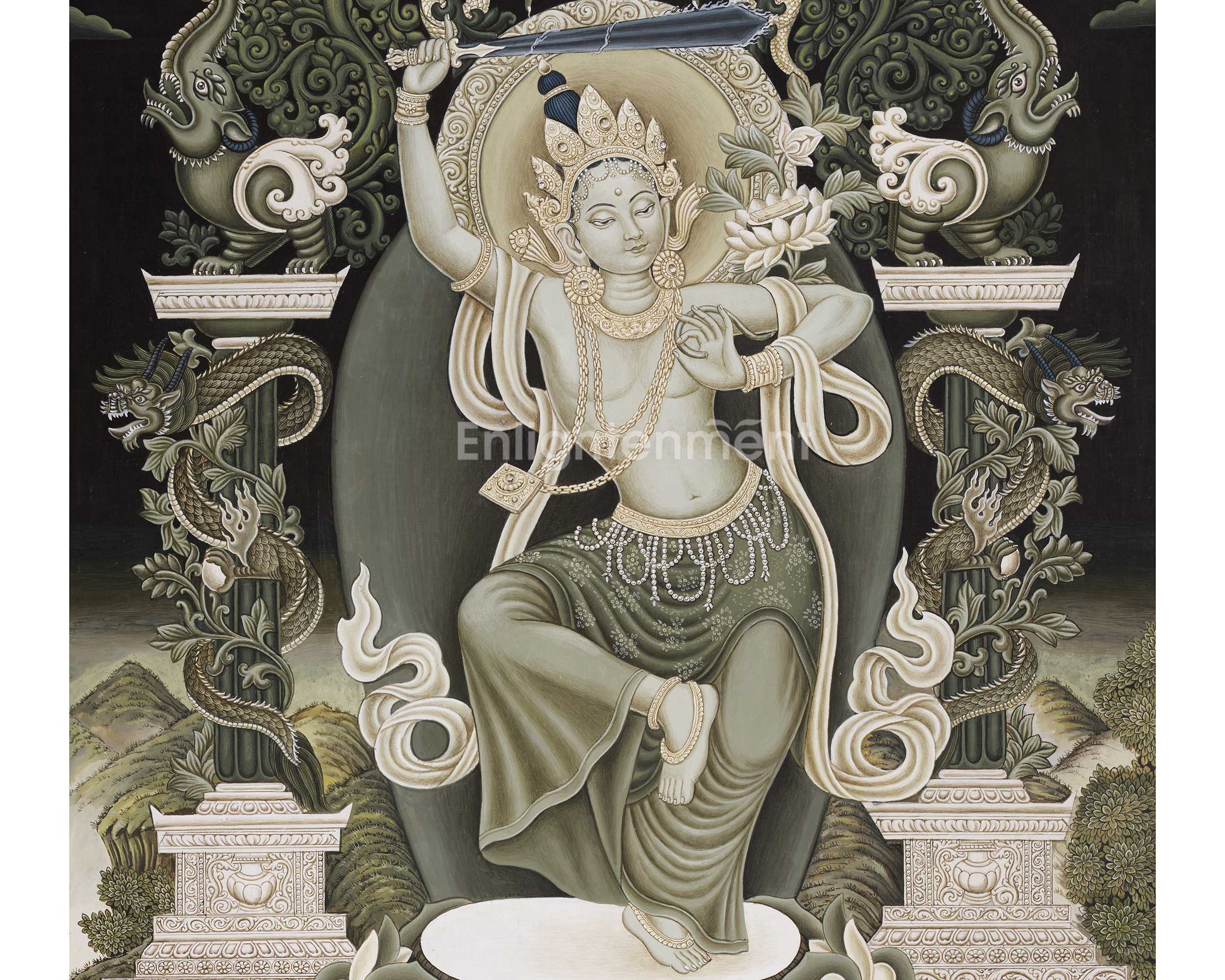 Bodhisattva of Wisdom Manjushri Thangka | A Monochrome Paubha Style Painting