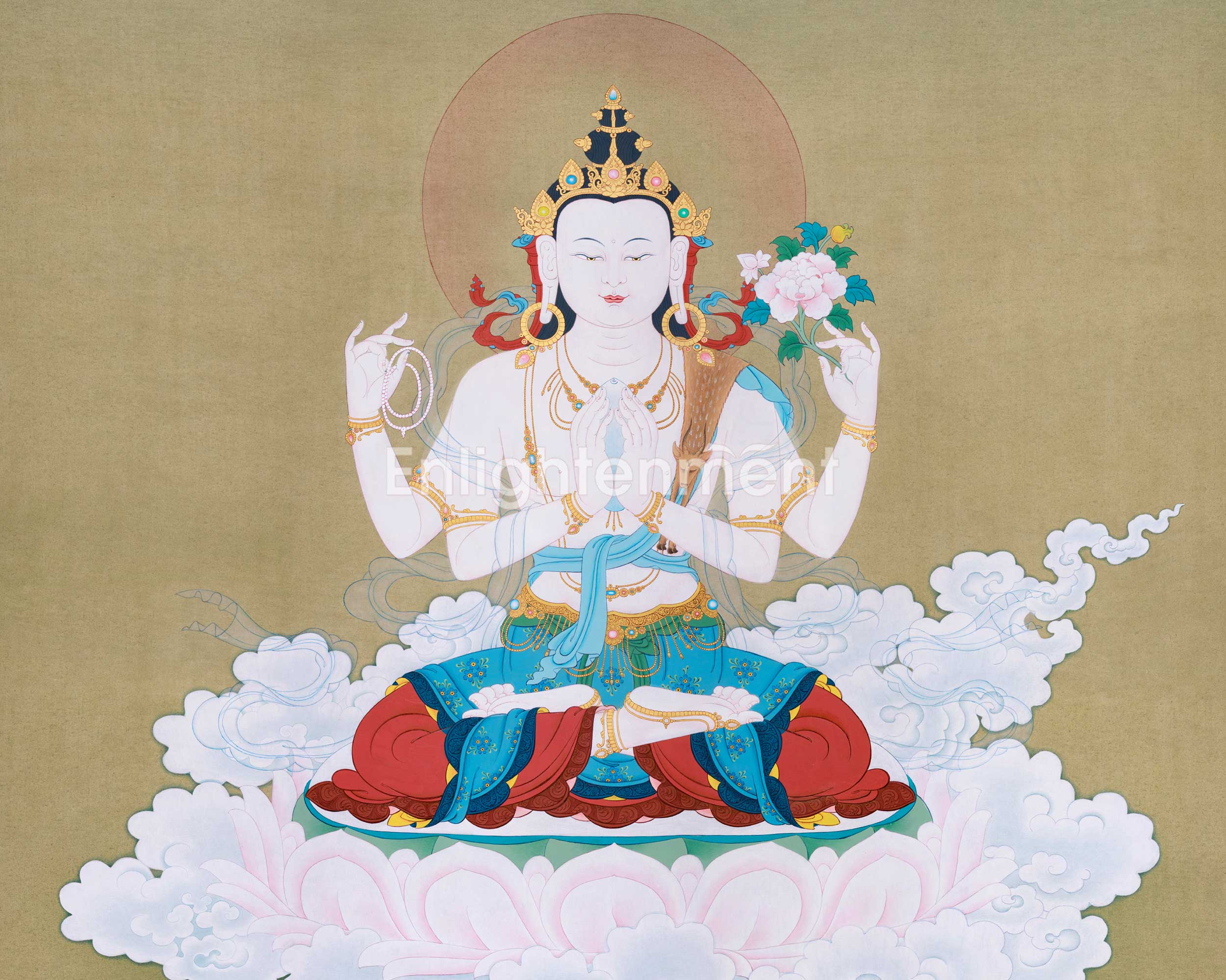 Chenrezig Healing Compassion Hand painted Thangka, Minimalistic Compostion