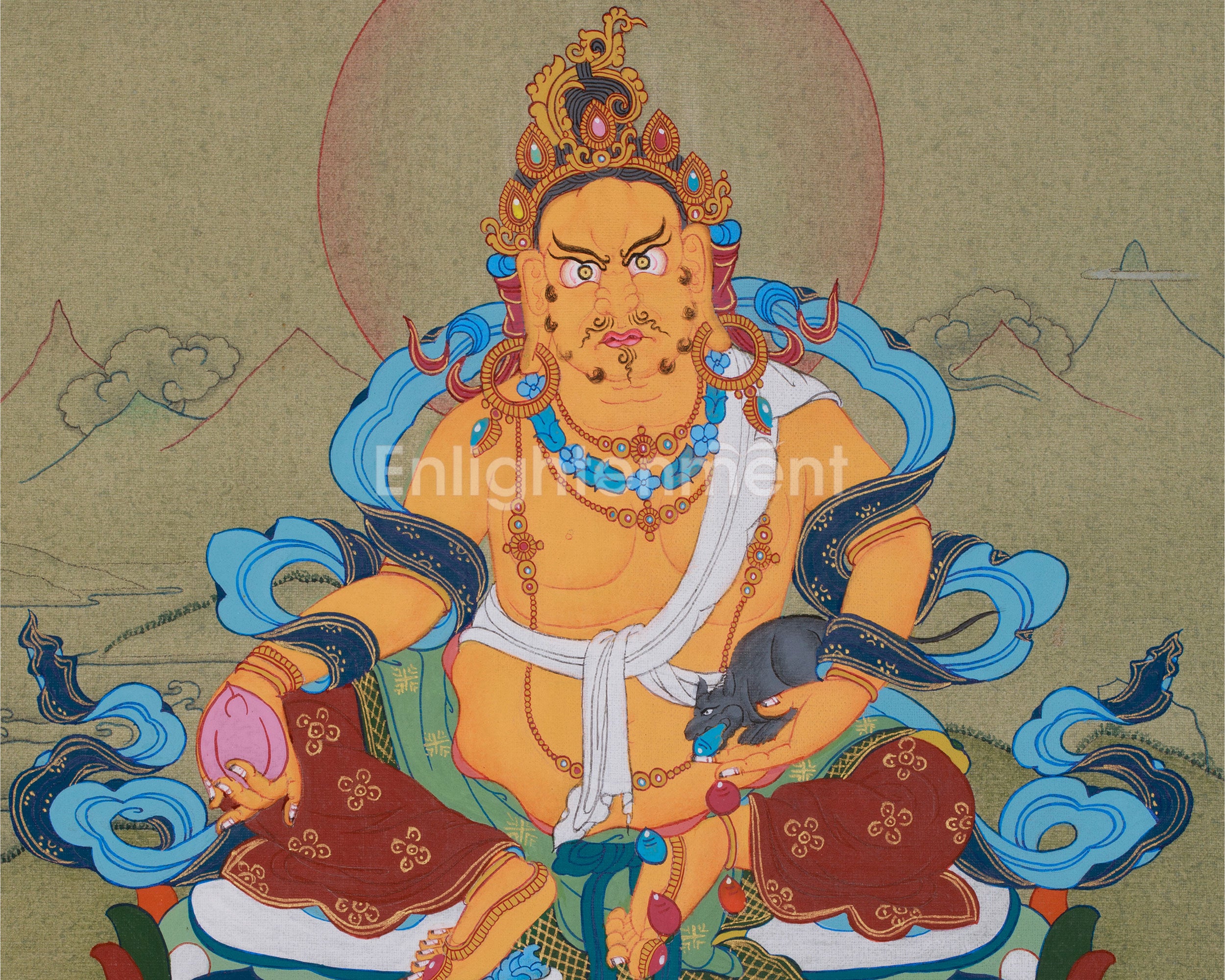Sacred Kuber, Buddhist Wealth Deity | Dzambhala Thangka for Prosperity With Brocade