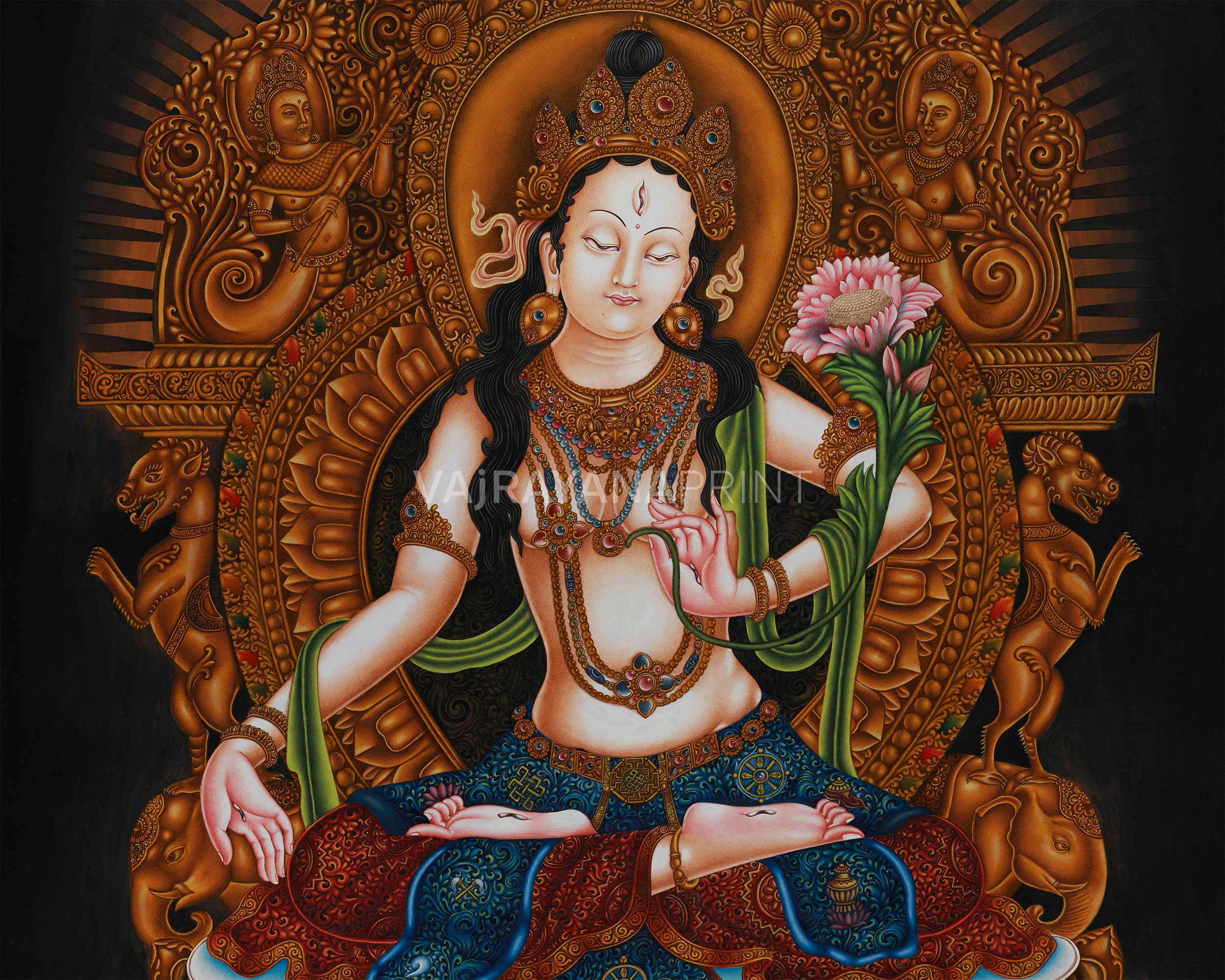 White Tara on Majestic Throne | Giclée Canvas Print of the Goddess of Longevity