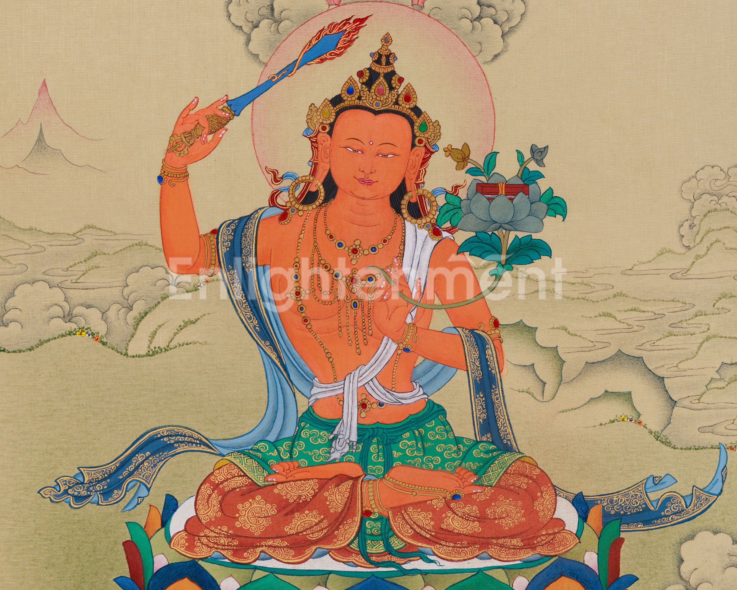 Traditional Manjushri With Mitrupa Thangka | A Gateway to Insight
