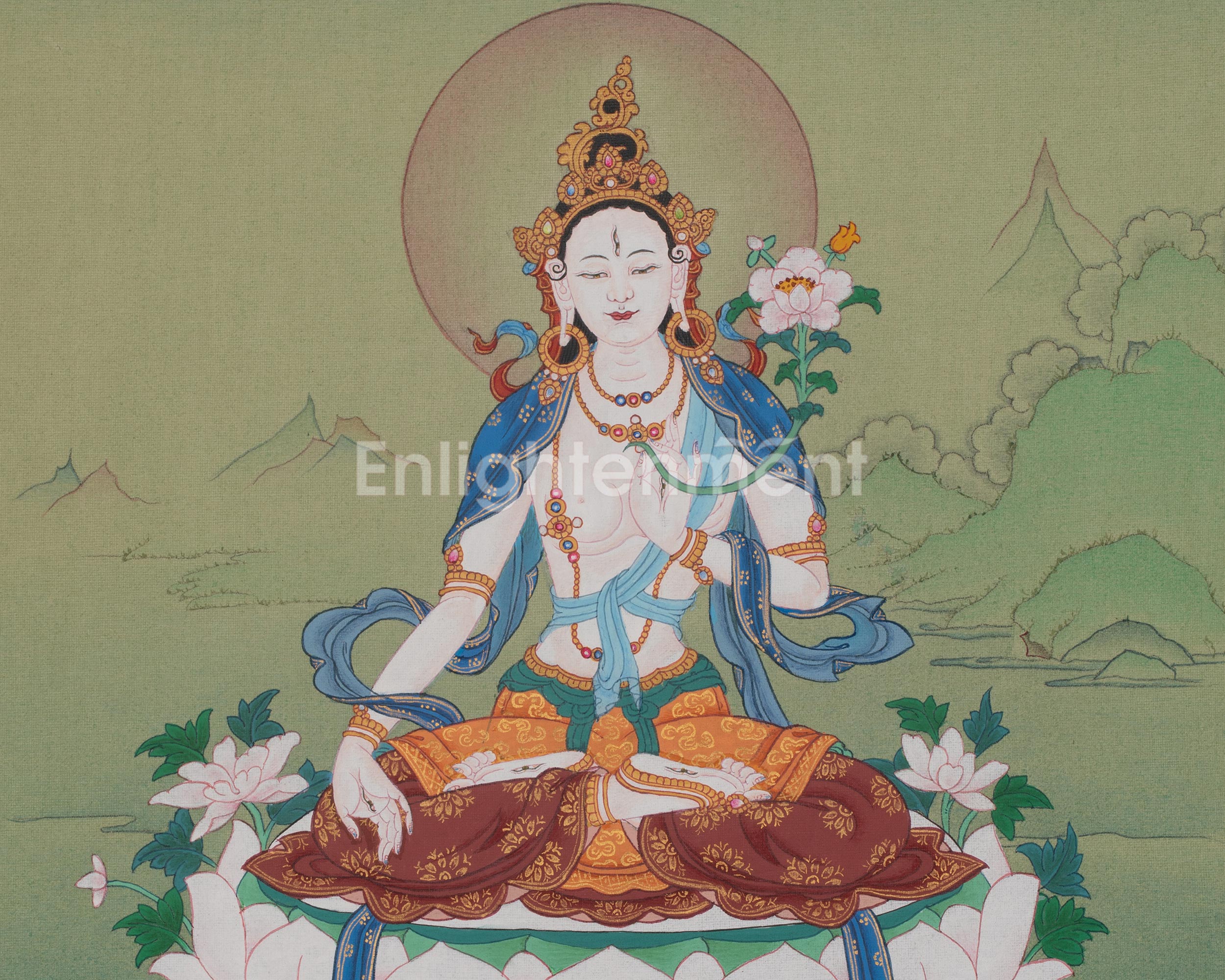 White Tara Compassion Thangka Art | Longevity Deity | Hand-painted Artwork