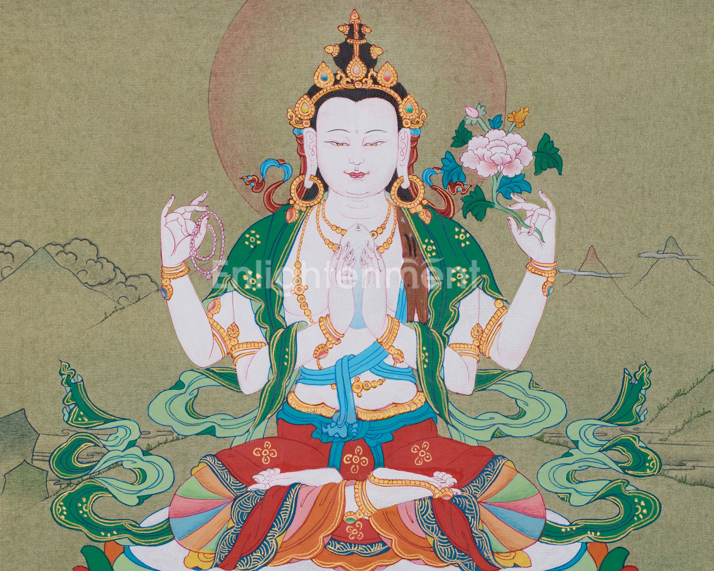 12 Inch Chenrezig Buddha Thangka | Embodiment of Infinite Compassion