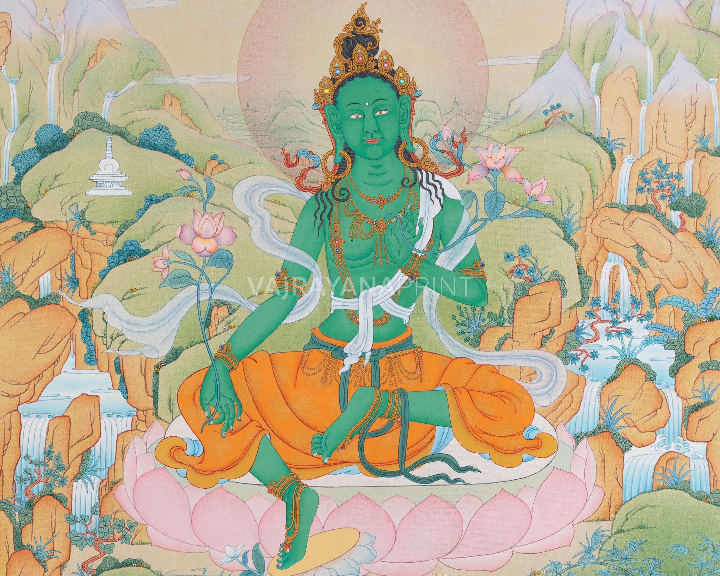 Buddhist Arya Tara Thangka Print | Green Tara Artwork | Goddess of Compassion