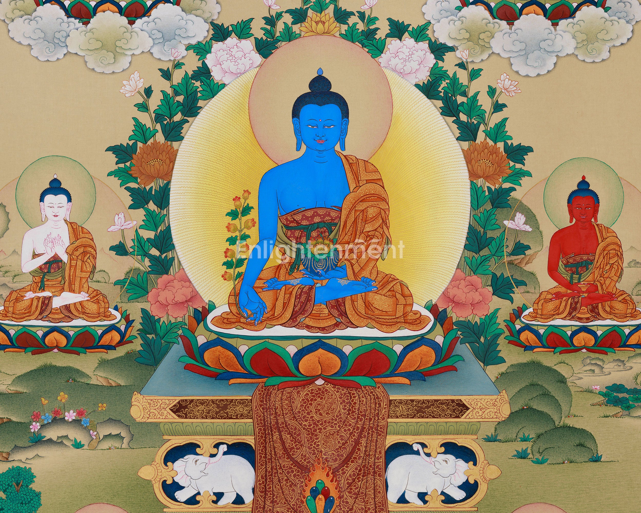 The Eight Healing Buddhas | Embodiments of Buddhist Medicine | Painted with Lhasa Stone Hues