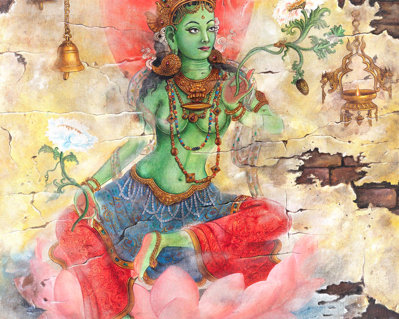Exquisite Green Tara Thangka Print | A Symbol Of Compassion And Protection | Wall Art