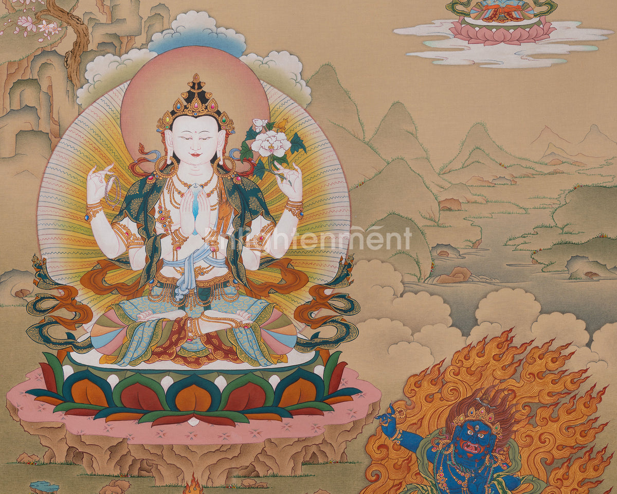 Chenrezig with Vajrapani and Manjushri Artwork | Three Bodhisattvas Thangka
