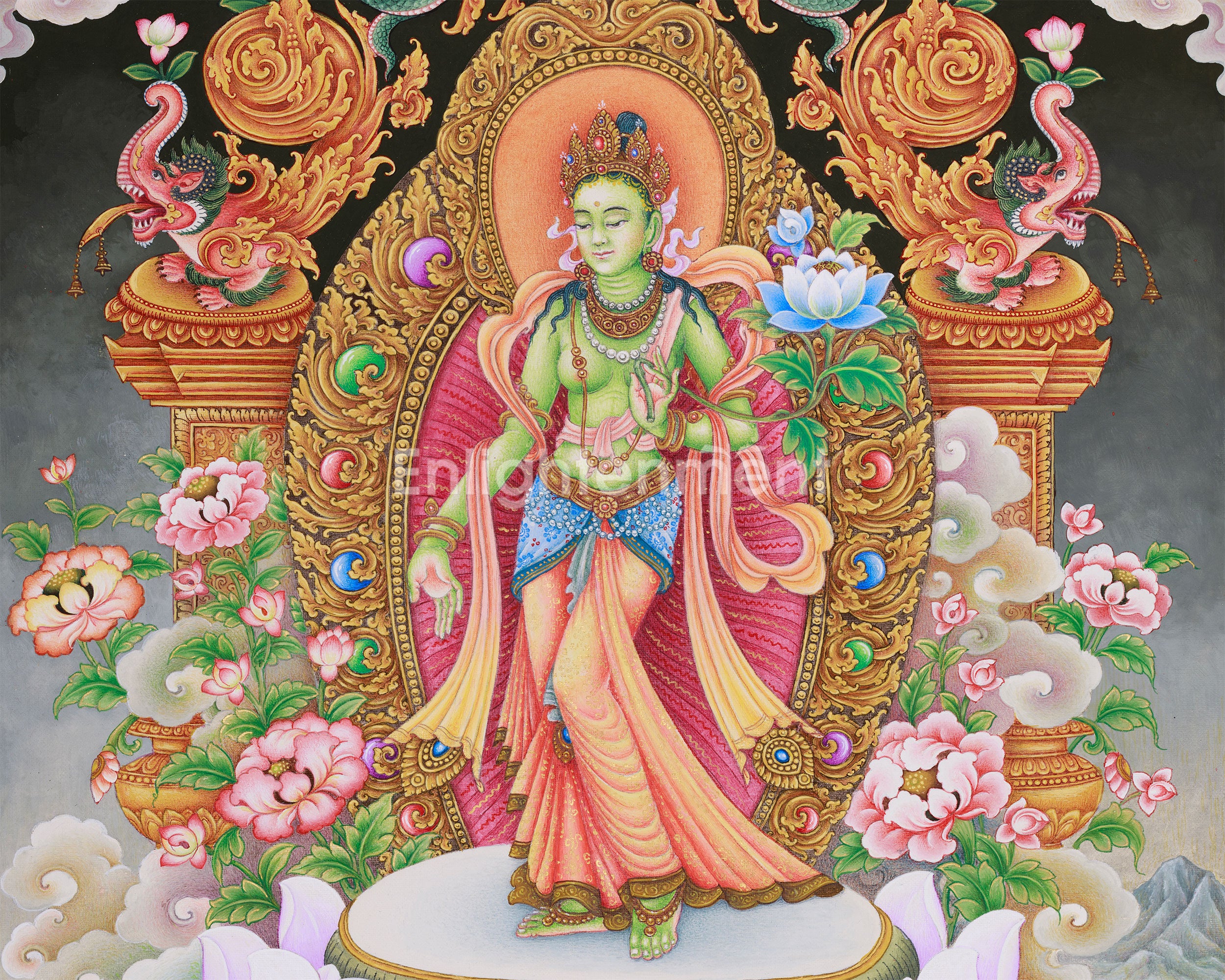 Paubha Masterpiece of Tibetan Goddess Standing Green Tara | Guardian of the Eight Fears