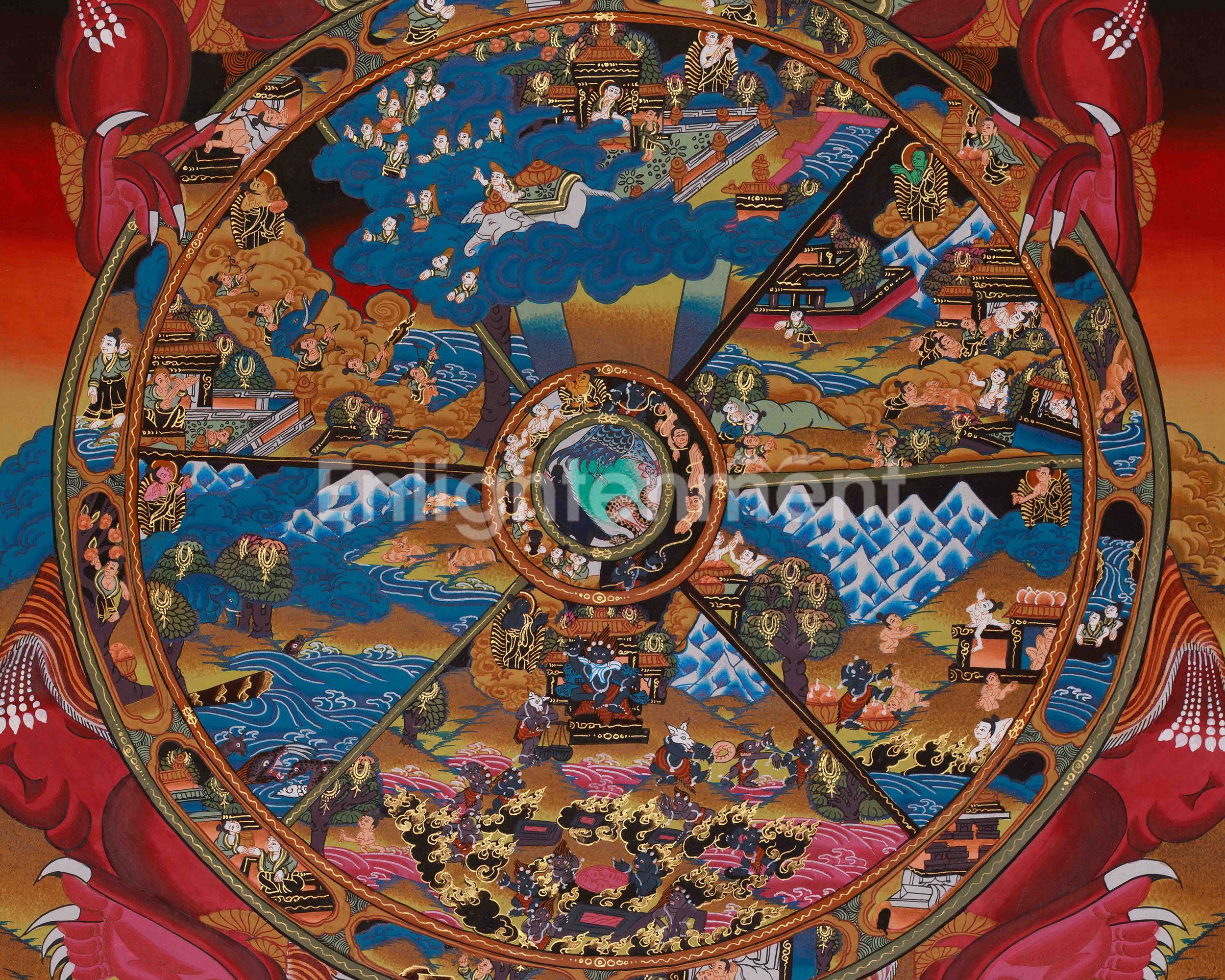 Buddhist Wheel of Life Art | Hand Painted Bhavachakra Thangka | Meditation Altar