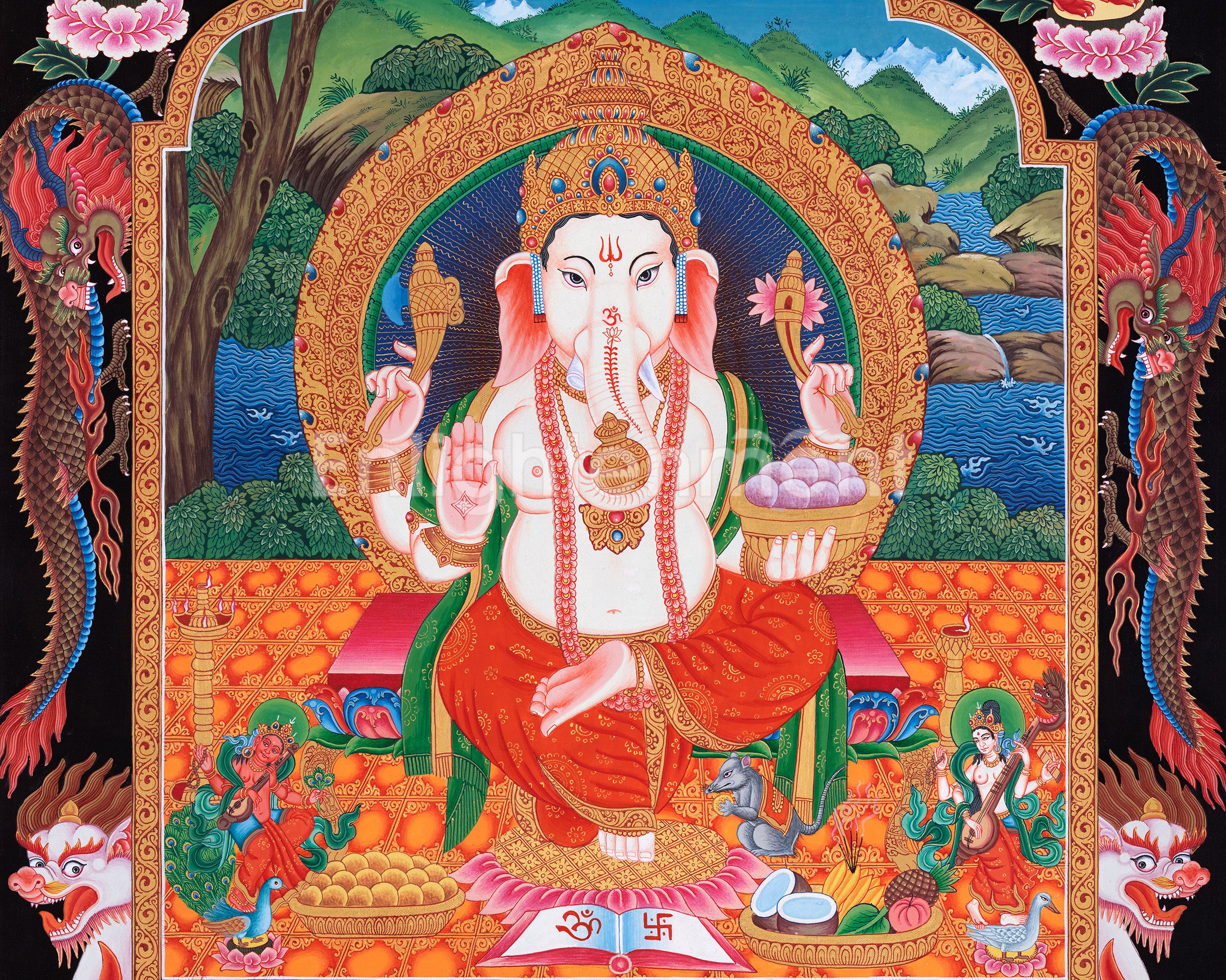 Ganesh Thangka Painting With Kartikeya and Saraswati | Ganapati Baba Canvas Art