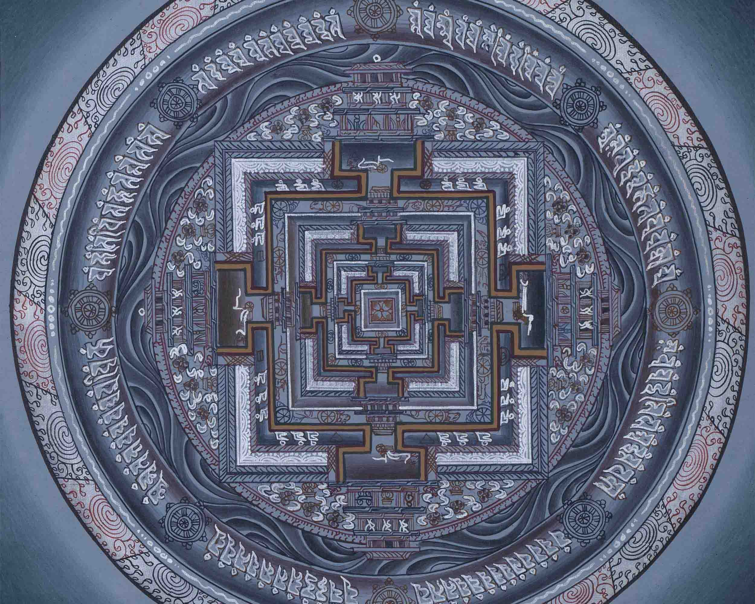 Grey Colored Kalachakra Mandala Thangka With Silver