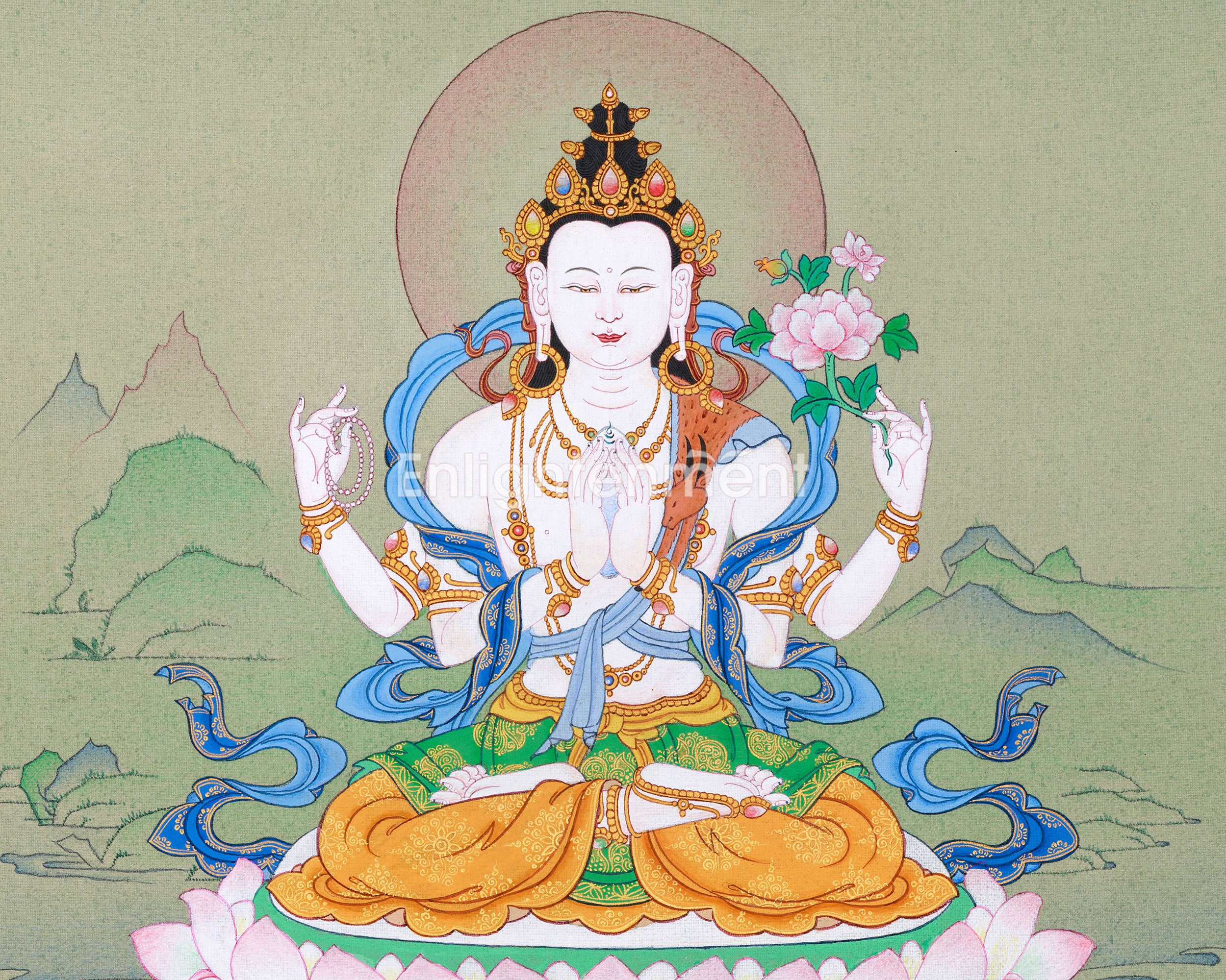 Small Hand-Painted Chenresig Thangka: Four Arm Bodhisattva | Compassion Deity