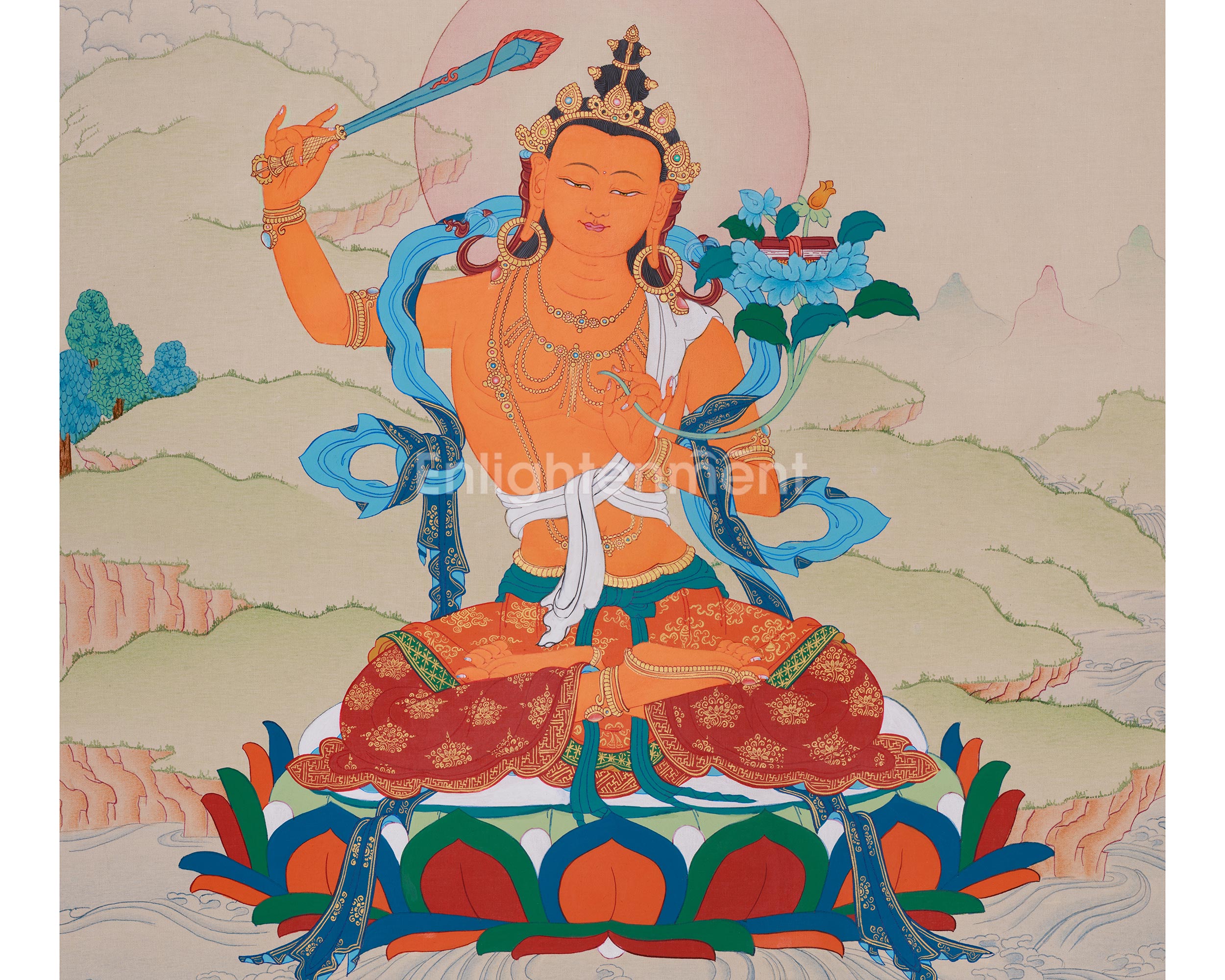 Handmade Bodhisattva Manjushri Thangka | Buddha of Knowledge and Wisdom