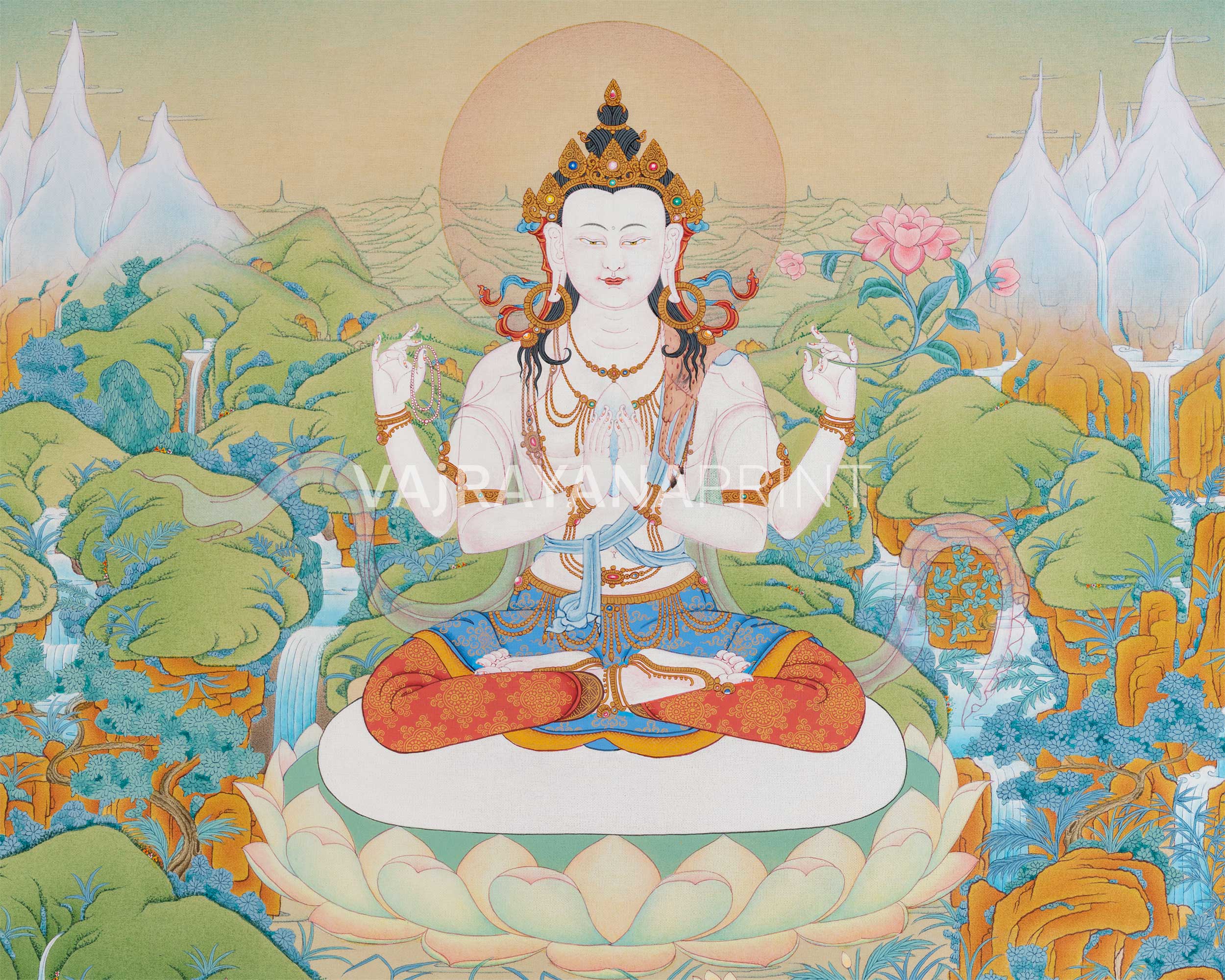 Four-Armed Chenresig Thangka Print for Divine Wisdom | Bodhisattva Of Compassion
