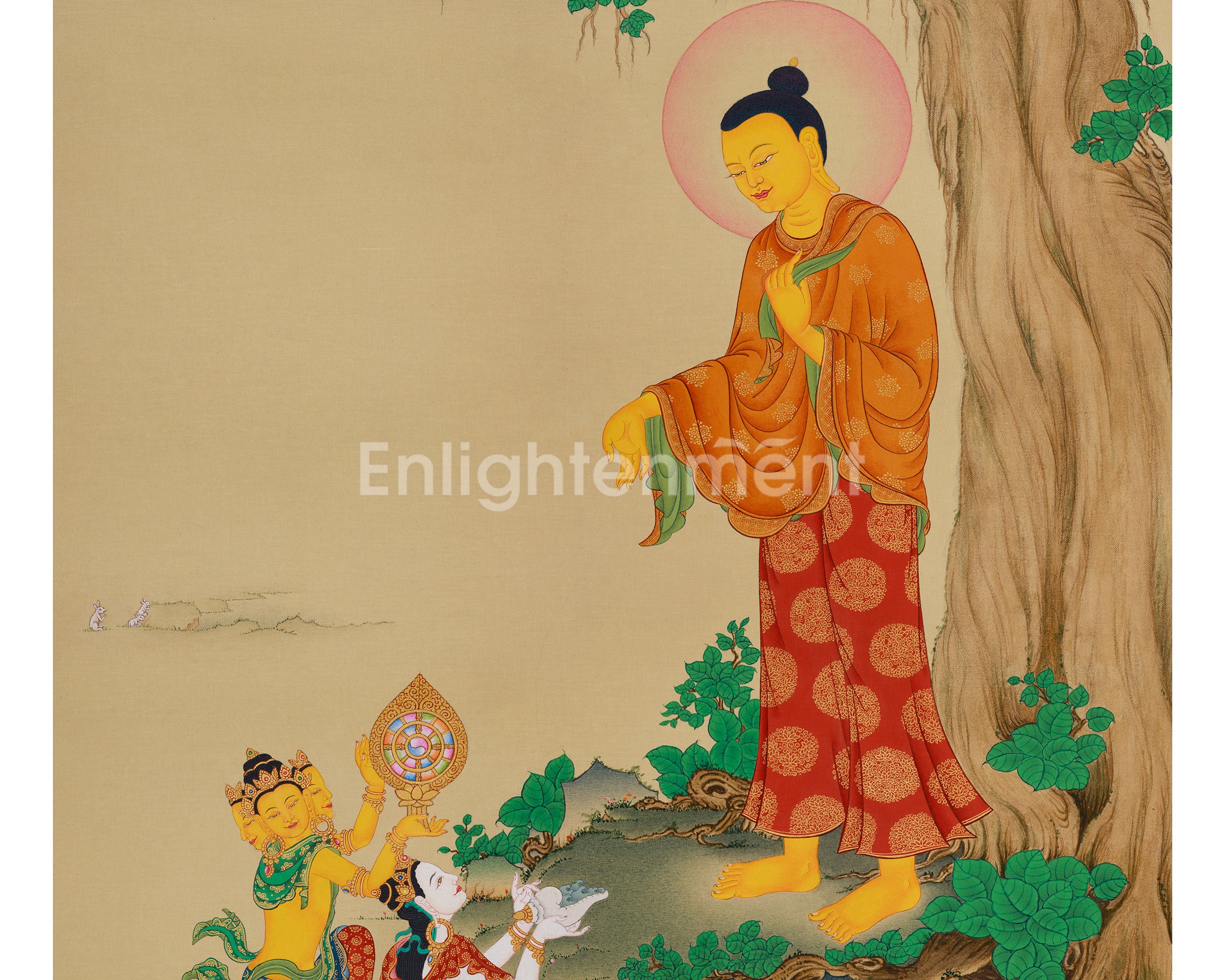 Divine Traditional Thangka of Shakyamuni Buddha | Brahma Sahampati and Indra Art