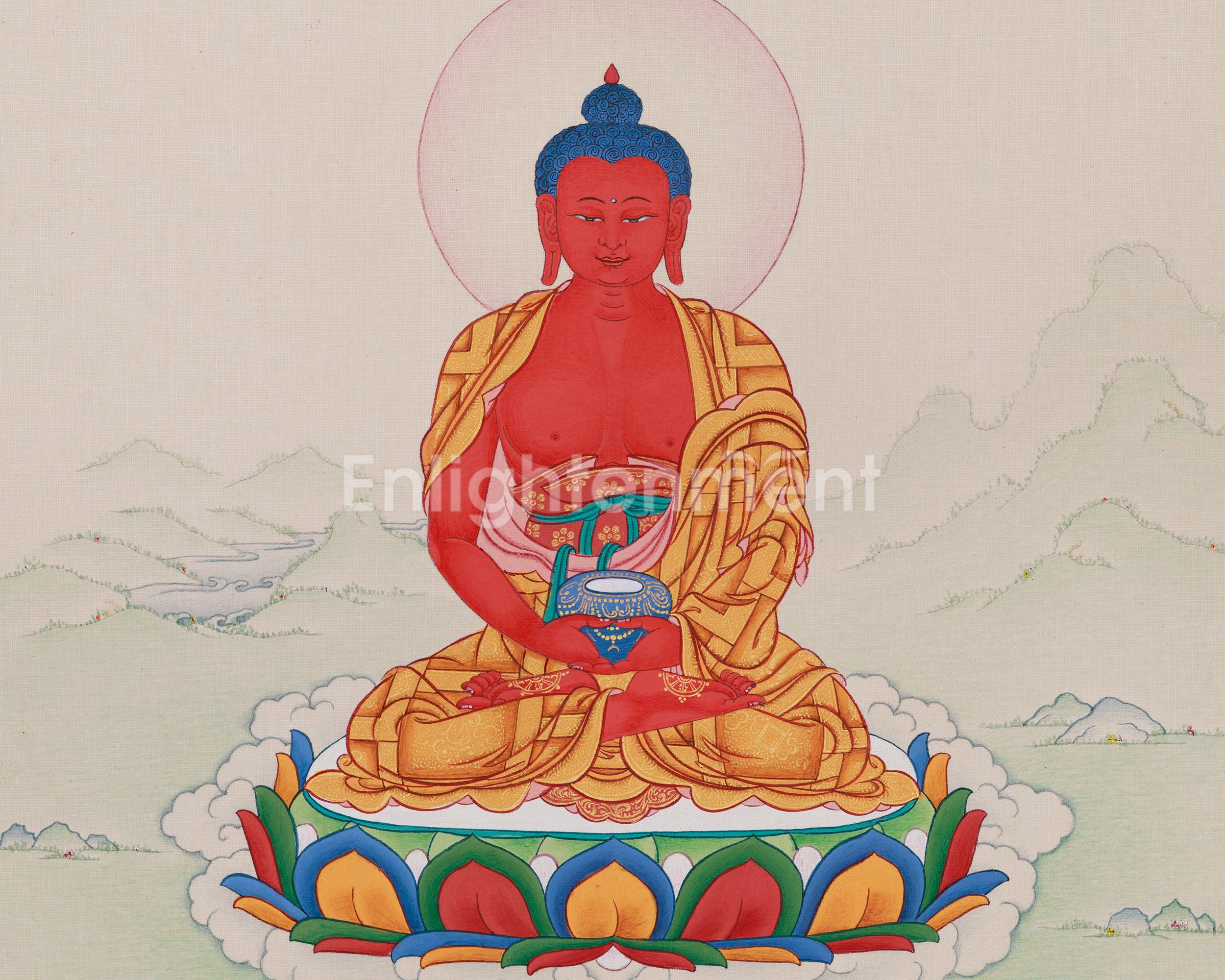 Radiant Infinite Light Buddha | Compact Red Buddha Amitabha Thangka