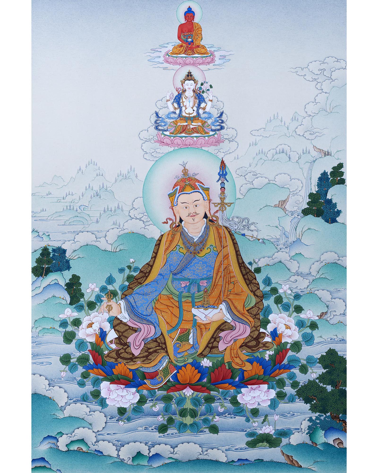 Guru Rinpoche with Chenrezig and Amitabha | Buddha Of Vajrayana | Thangka
