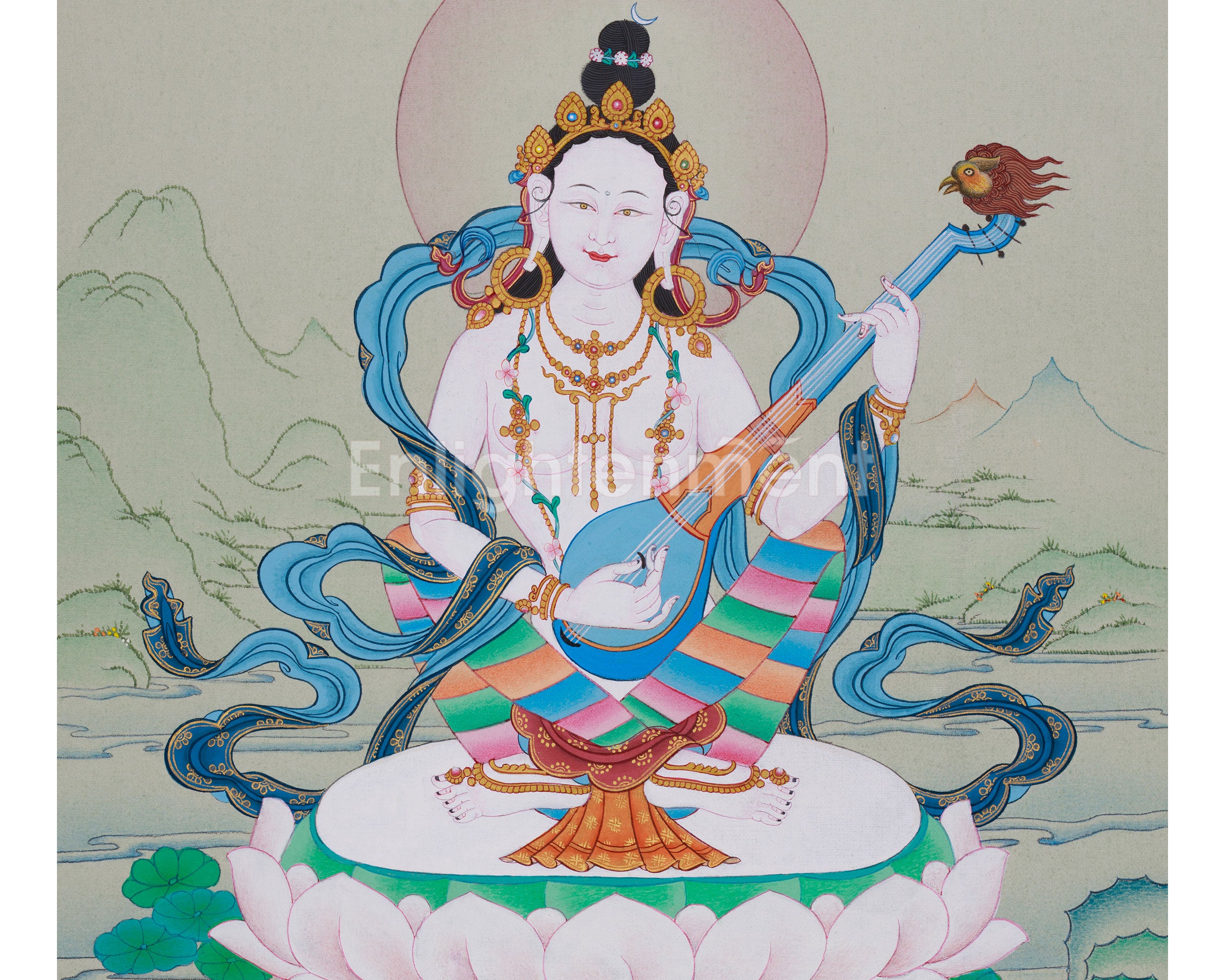 13-Inch Saraswati Thangka | Hand-Painted Goddess of Wisdom and Arts
