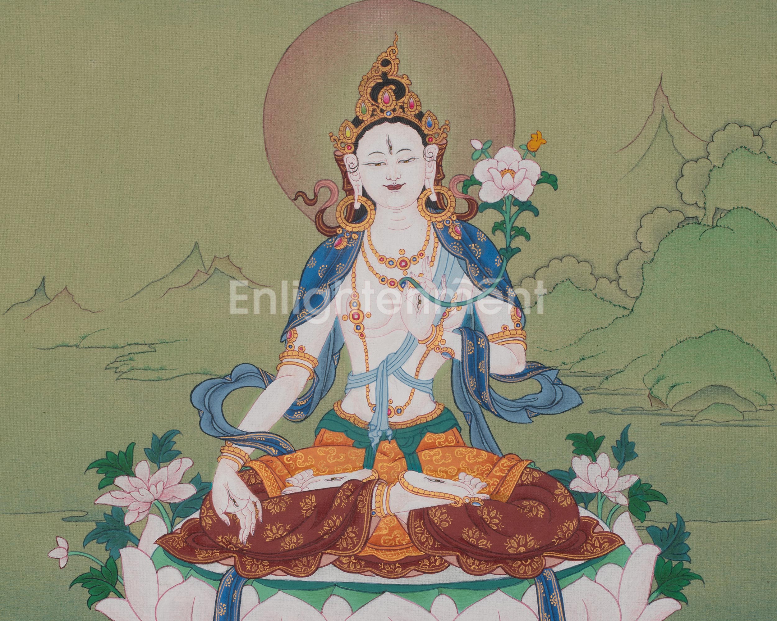 White Tara Tibetan Artwork | Seven Eyed Deity | Meditation Altar | Revered Female Buddha