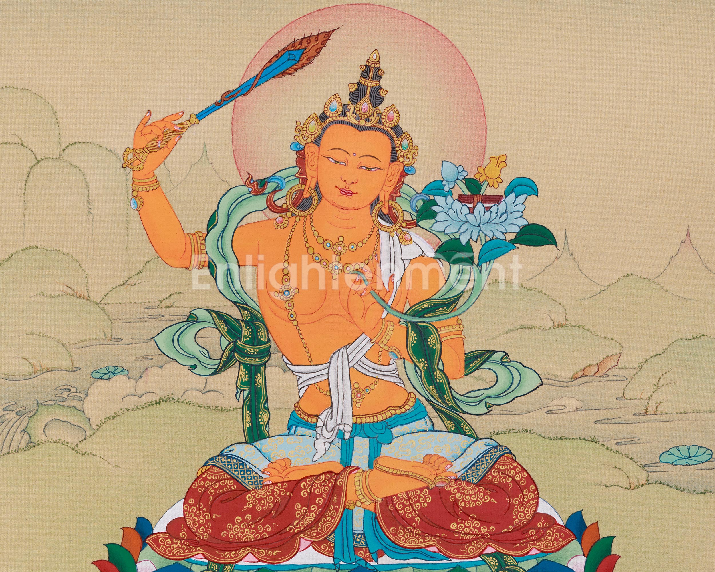 Traditional Bodhisattva, Manjushri Thangka | Tibetan Buddha of Wisdom