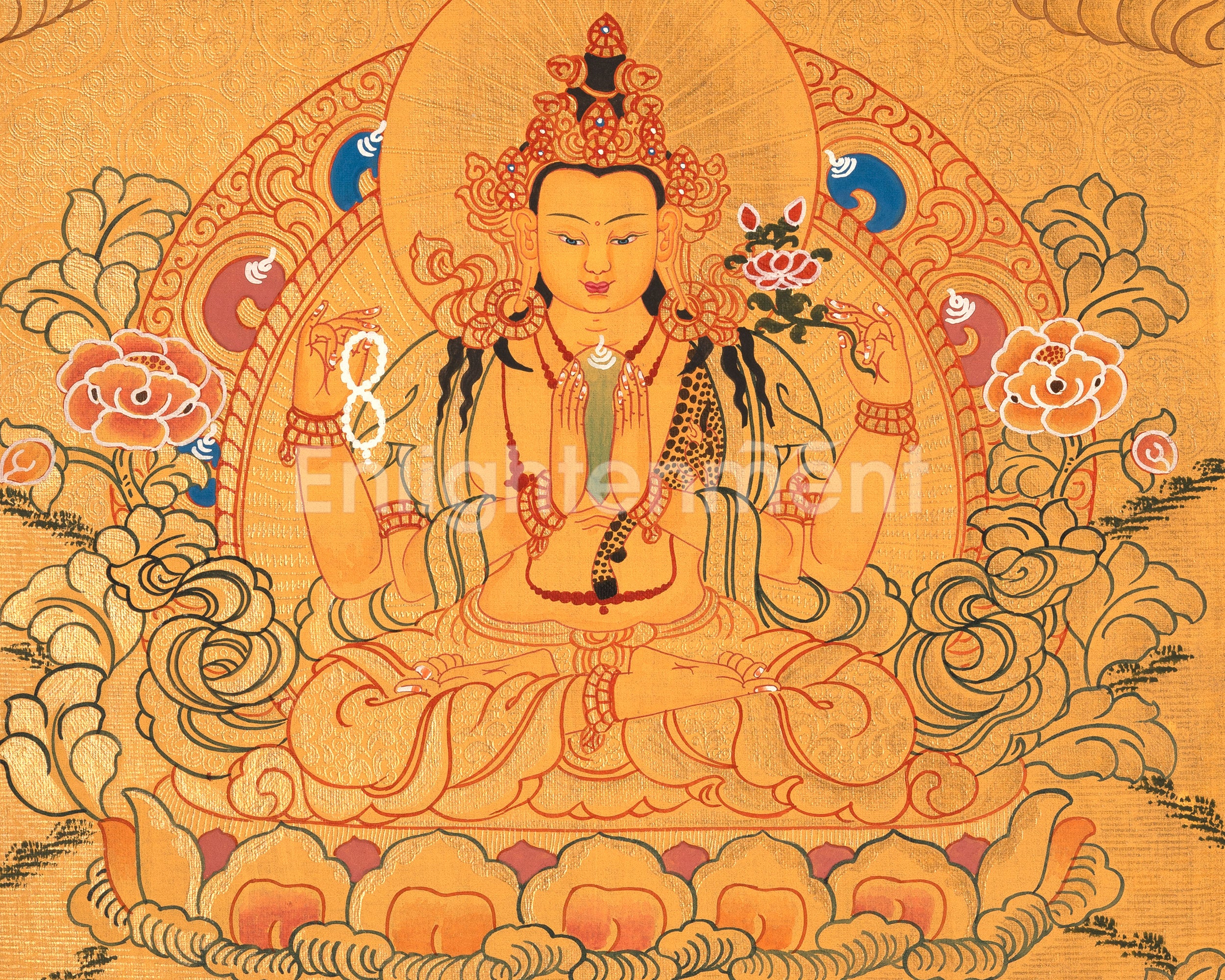 12 Inches Four Armed Chenrezig | Tibetan Bodhisattva Painting