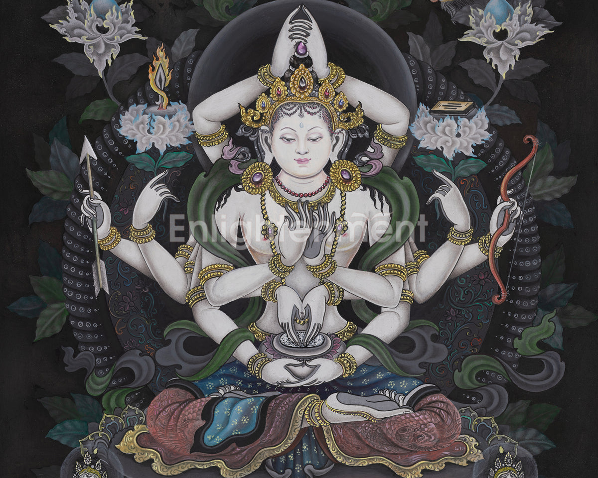 Newari Black and White Arya Manjushri Thangka | Wisdom Buddhist Art