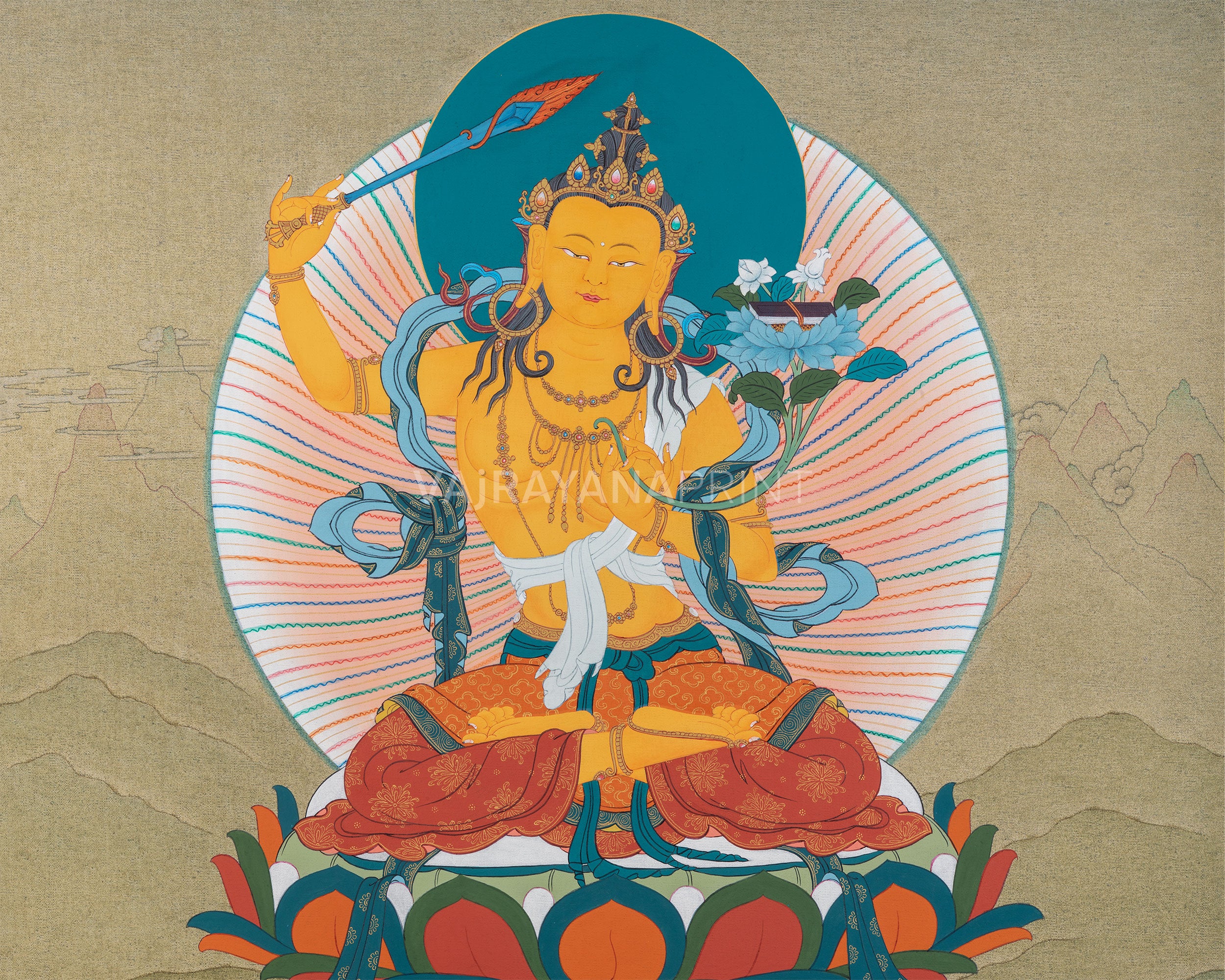Thangka Print Of Bodhisattva of Wisdom | Digital Print Of Manjushri | Meditative Artwork