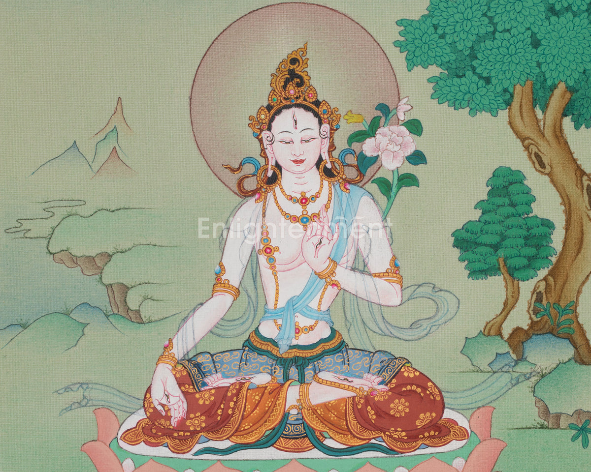 White Tara Traditional Tibetan Thangka | Sacred Goddess of Compassion and Longevity