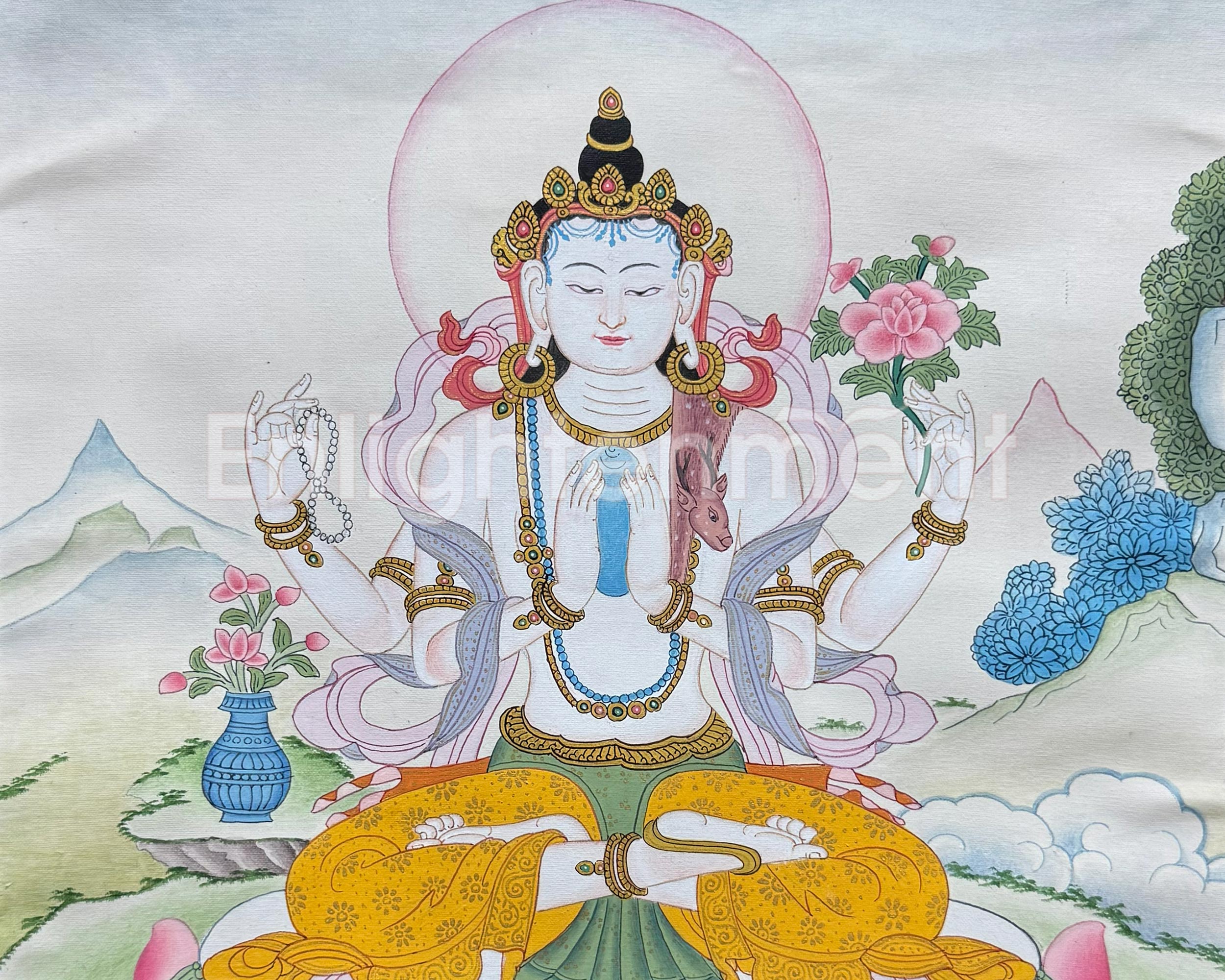Chenrezig Thangka With Brocade | Embodiment of Universal Love