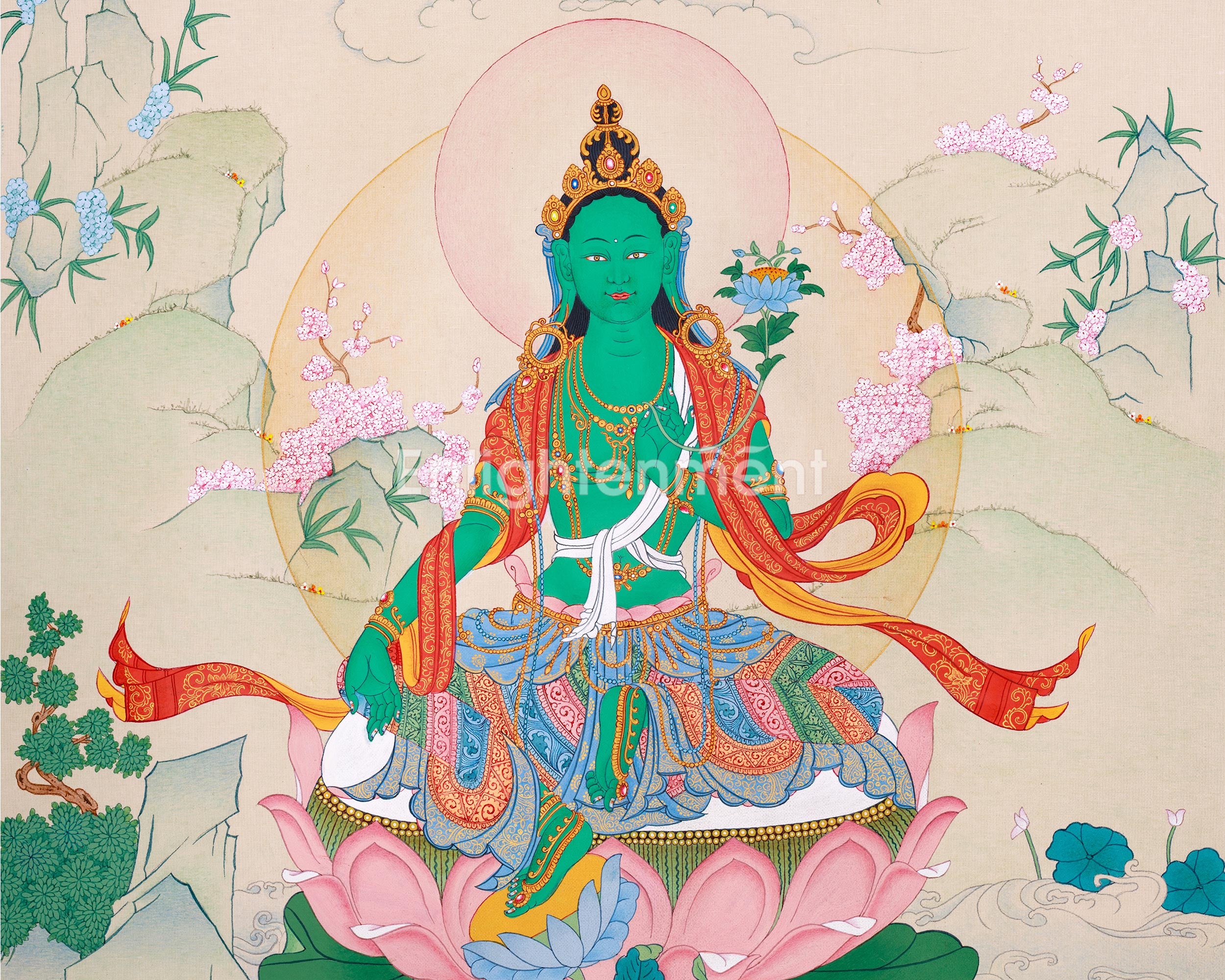 Divine Feminine Mother Tara Thangka | Sacred Tibetan Green Tara Artwork