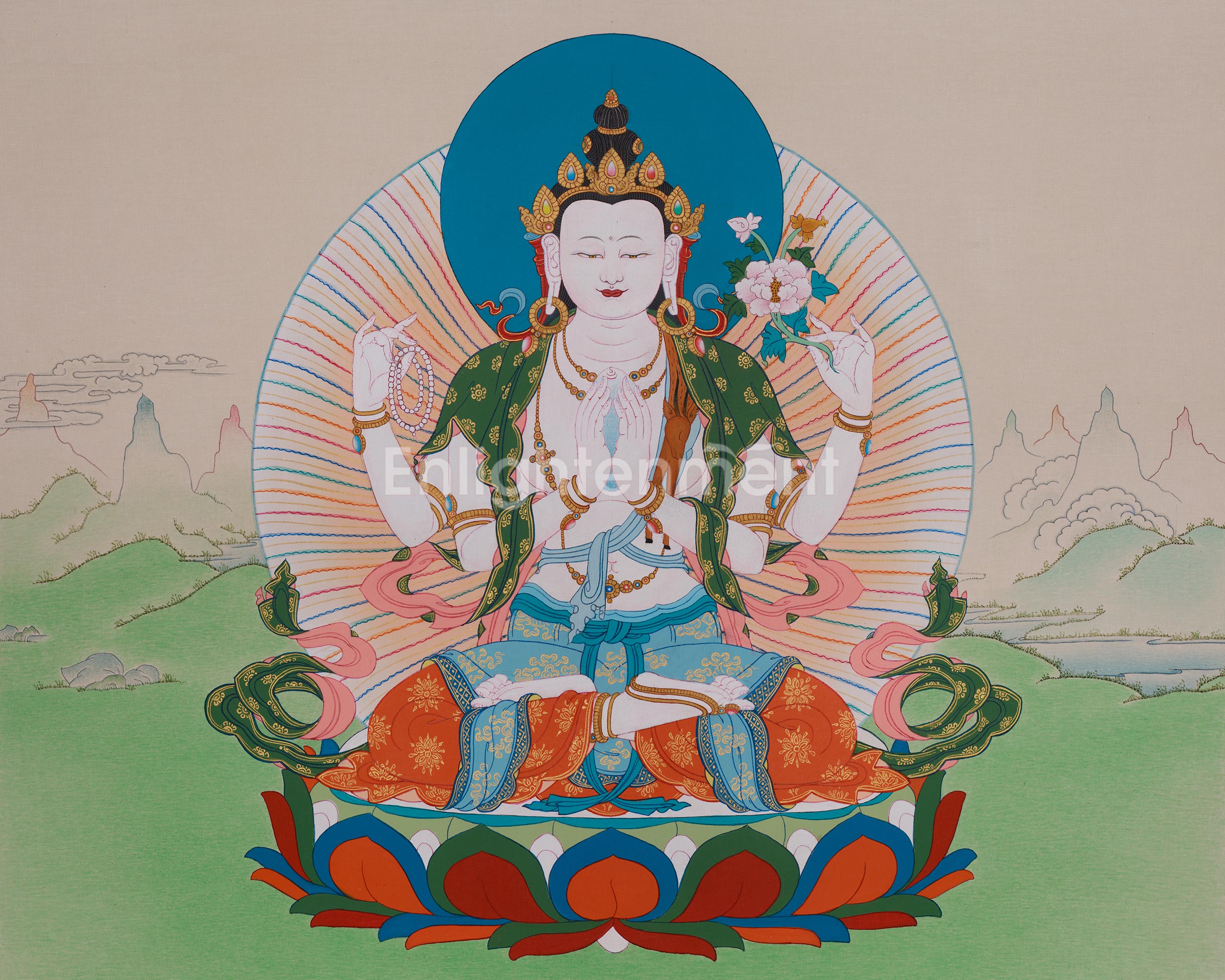 Buddhist Four-Armed Chenrezig Thangka | Symbolizing Compassion, Mercy, and Protection