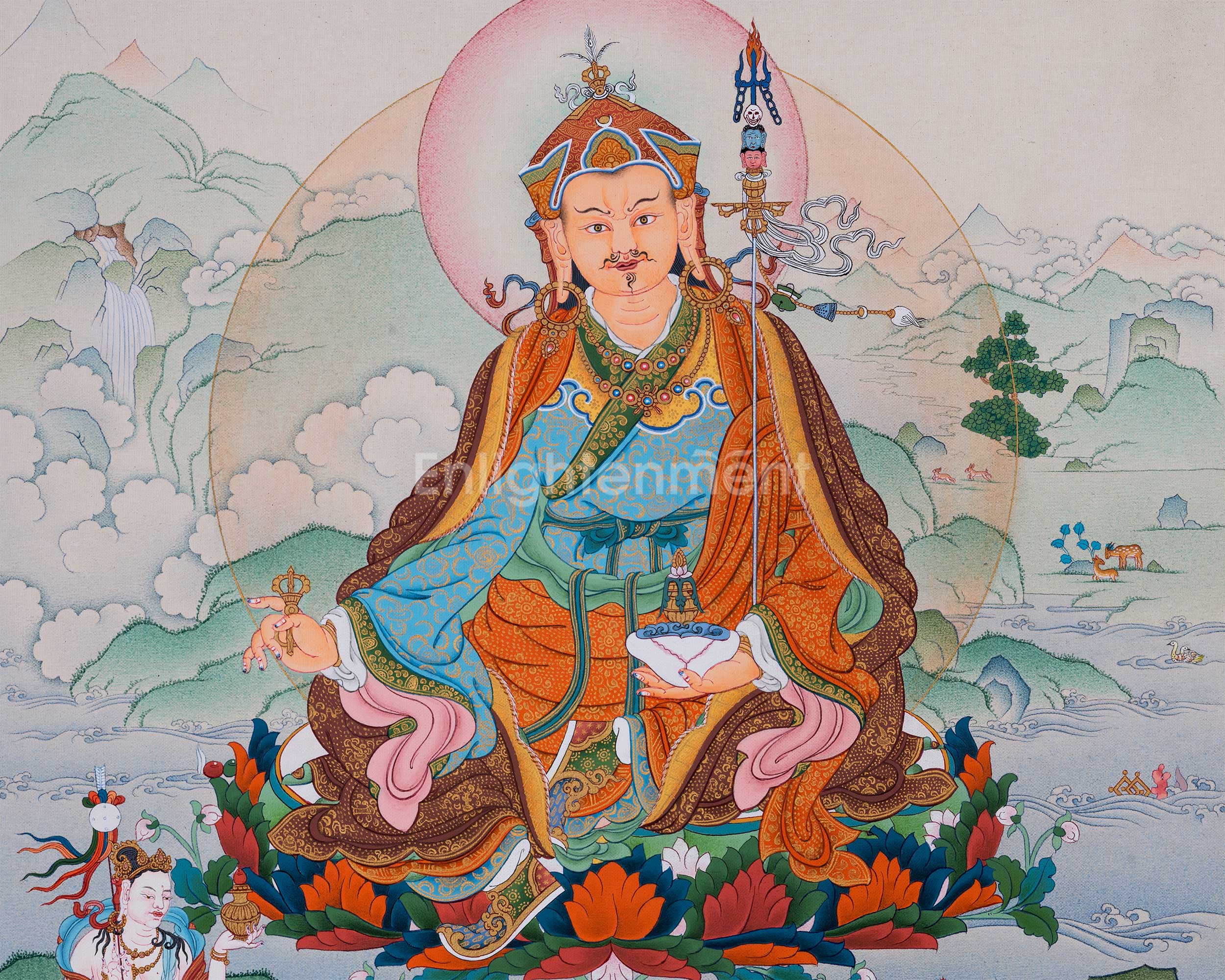 Guru Rinpoche Thangka with Mandarva and Yeshe Tsogyal | Amitabha Buddha Atop