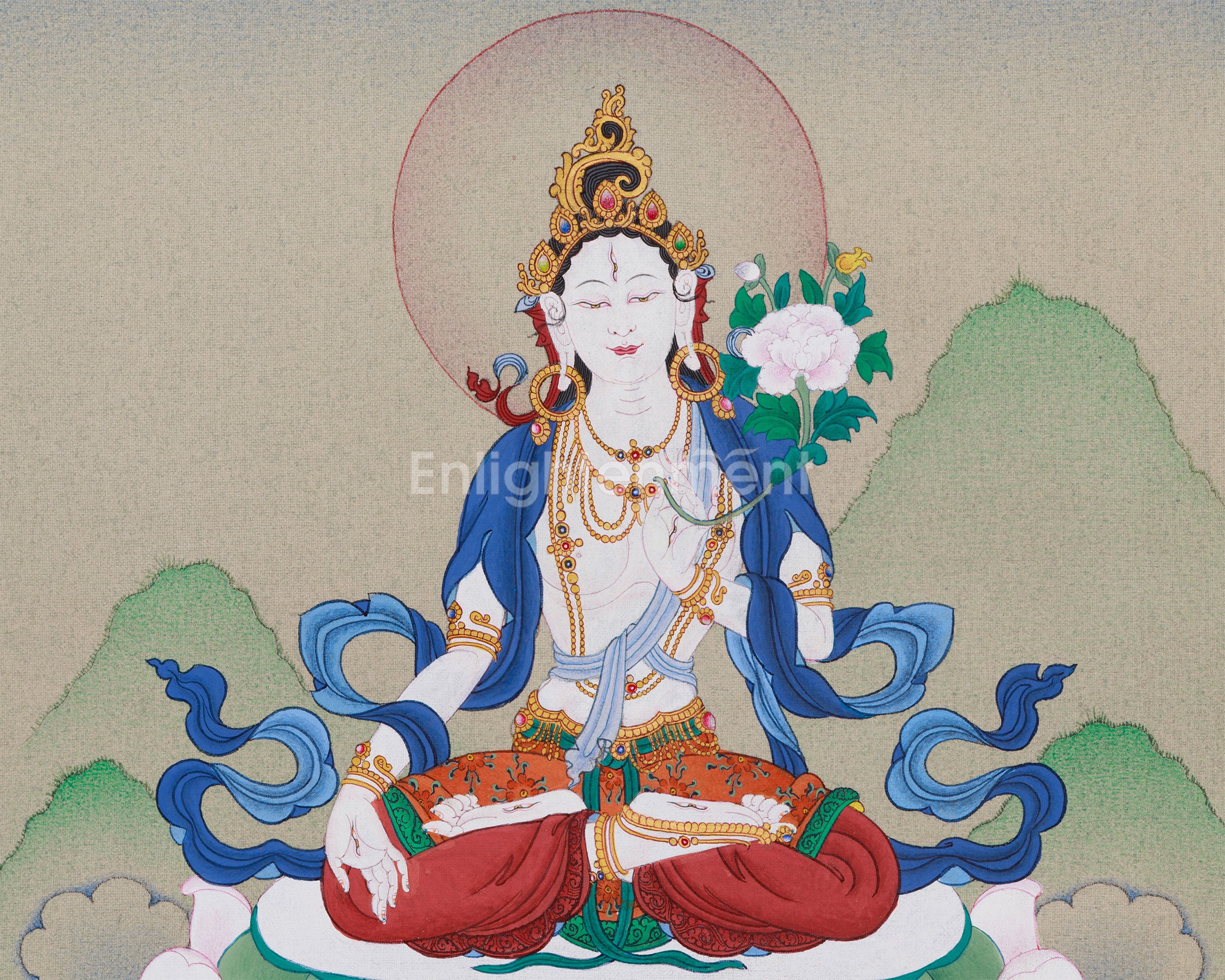 13 Inches White Tara Buddha Art | Hand-Painted Tibetan Deity of Healing
