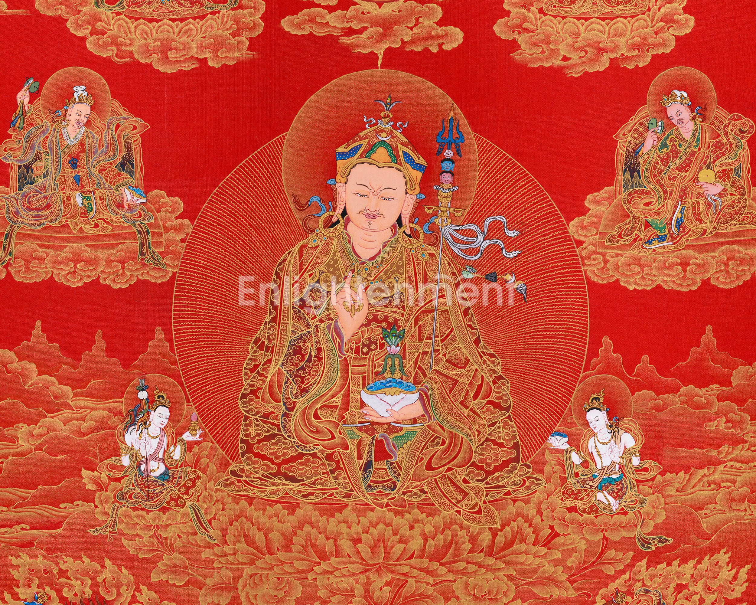 Guru Sangye Thangka | Eight Manifestations of Padmasambhava | Red & Gold Artwork