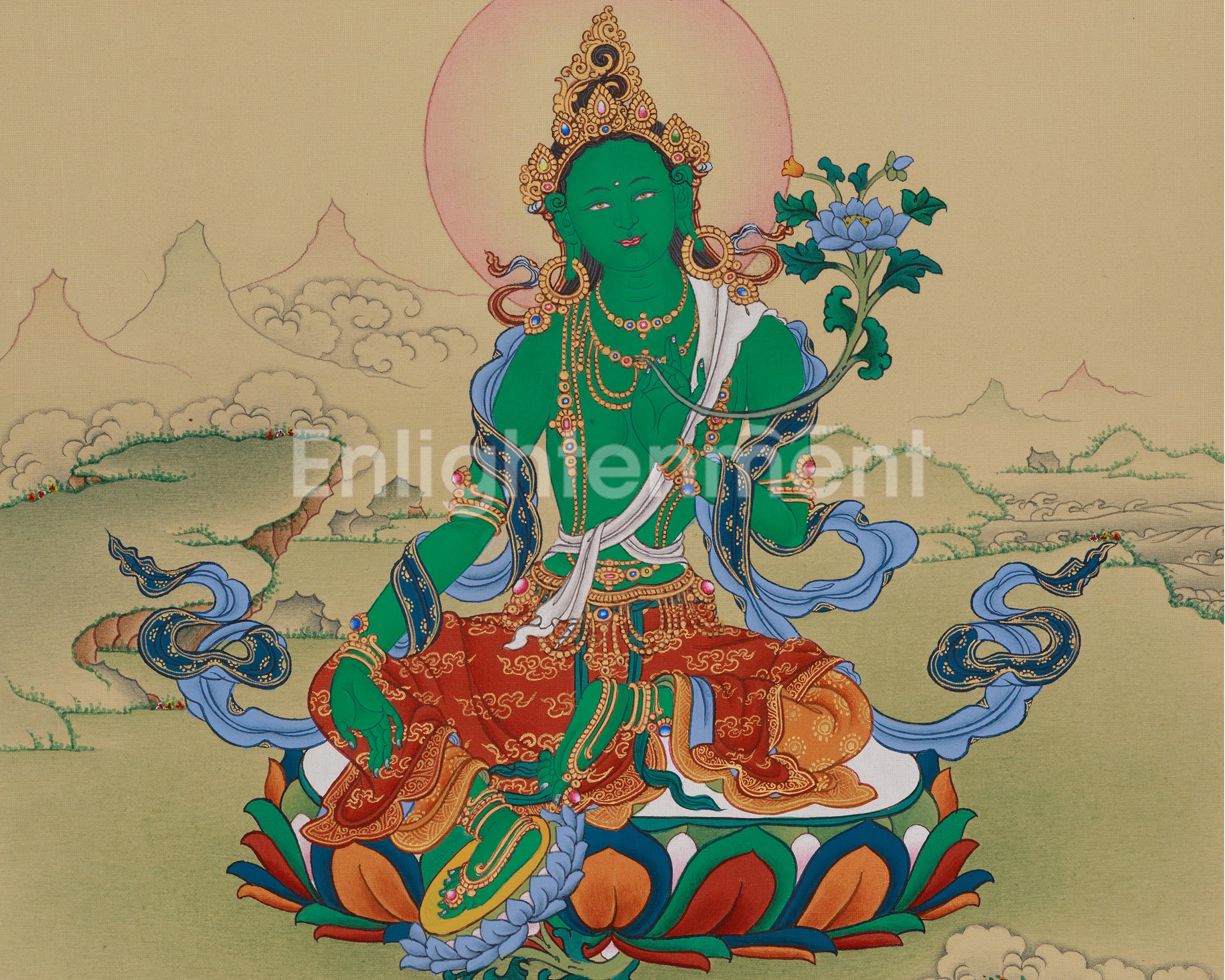 Green Tara with Amitabha Buddha Art | Swift Action Deity | Buddha of Infinite Light