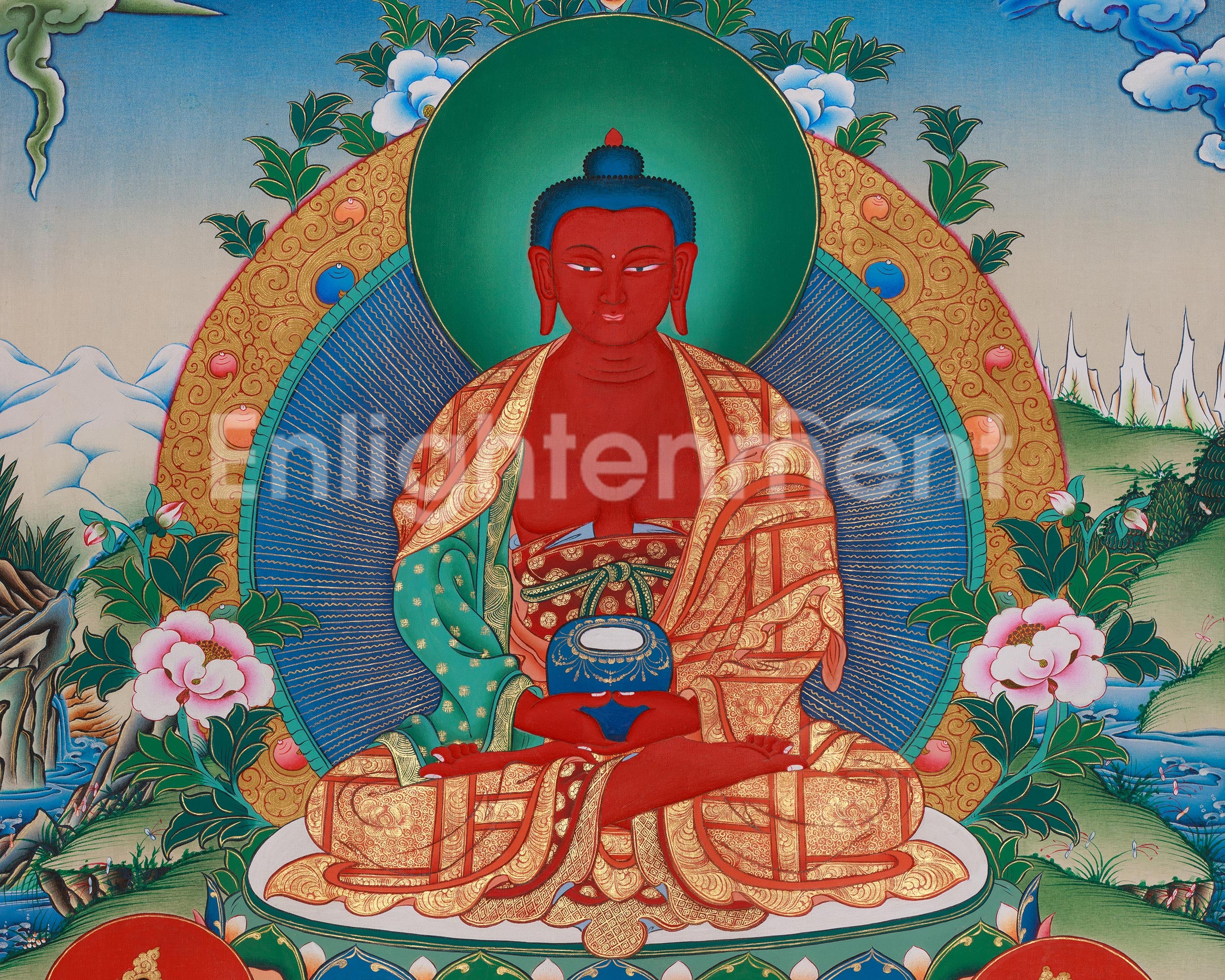Infinite Light Amitabha Buddha With Bodhisattva Thangka | Pure Land Buddha