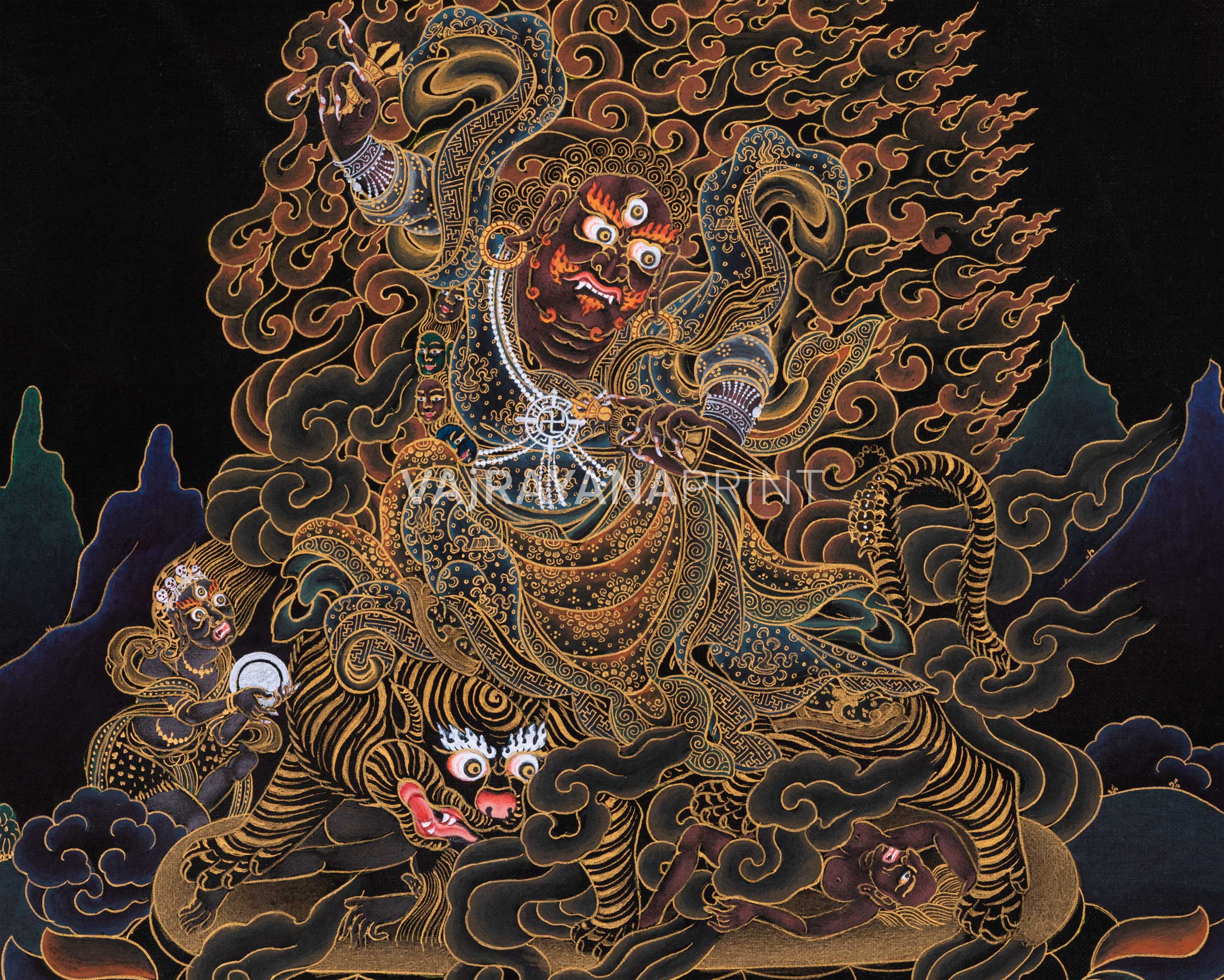 Dorje Drollo Black & Gold Thangka Print | Artwork Of The Golden Guardian | Buddhist Gift Ideas