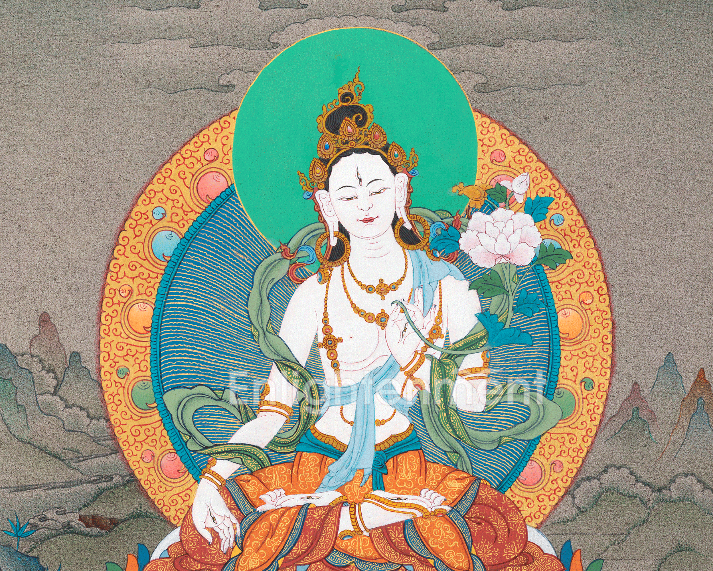 White Tara Goddess Artwork | Handpainted Thangka for Tranquil Spaces | Wall Hanging Decor