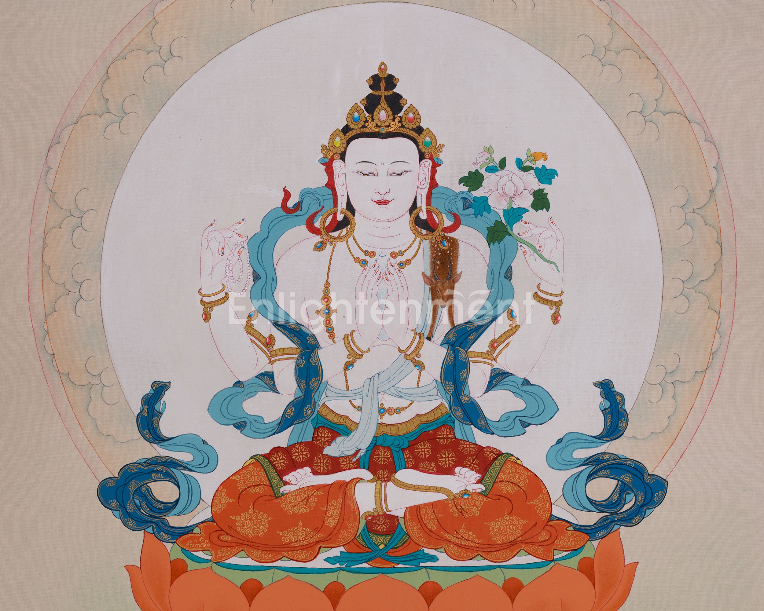 Four-Armed Chenrezig Sacred Thangka | Avalokiteshvara Art | Meditation & Spiritual Altar