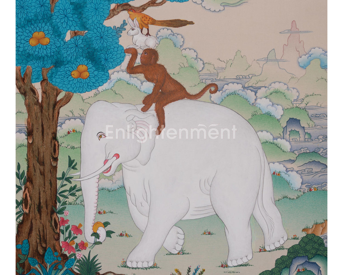 Four Harmonious Friends Sacred Art | Traditional Himalayan Buddhist Thangka