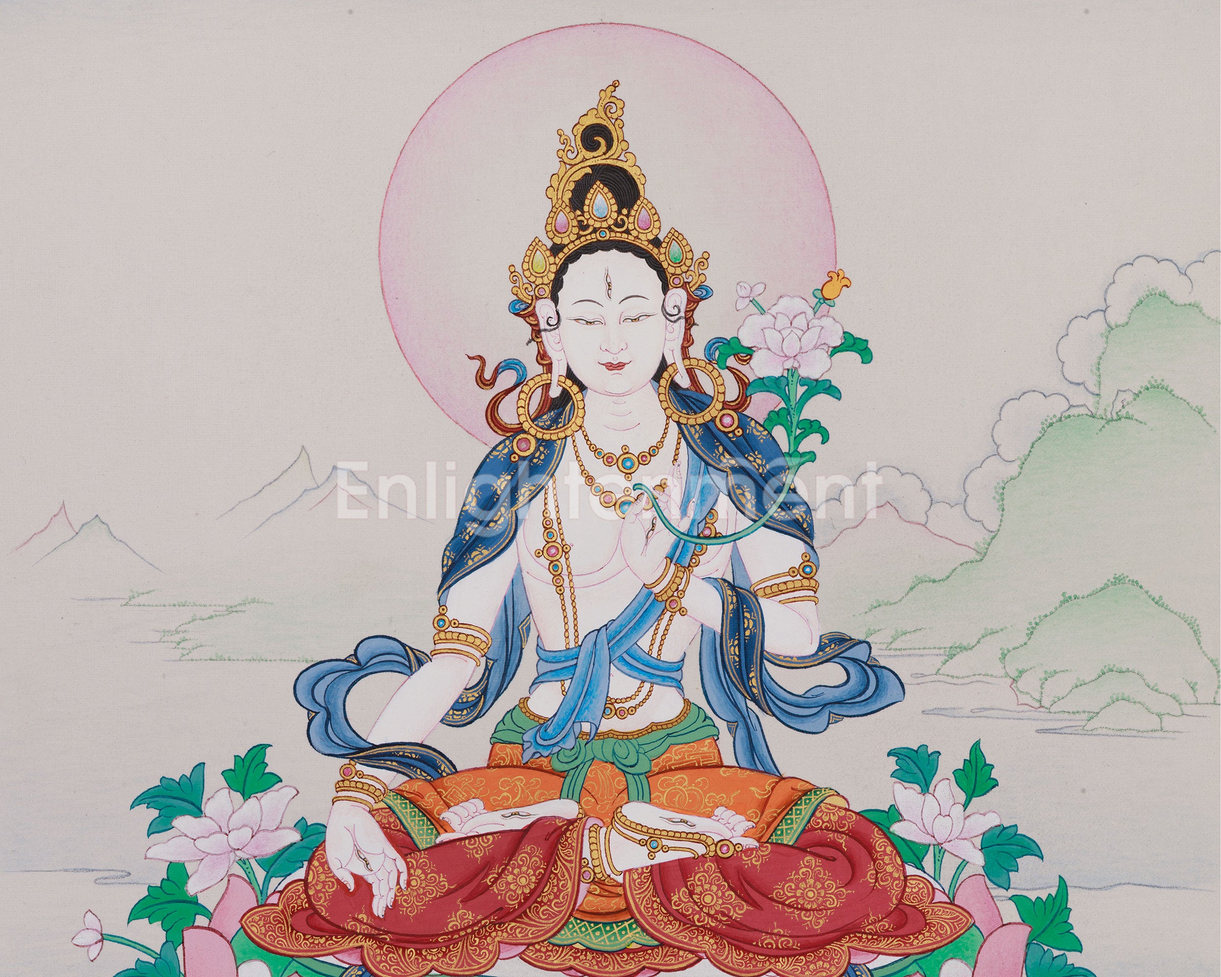 Seven Eyes White Tara Thangka | Sacred Buddhist Art for Longevity and Healing