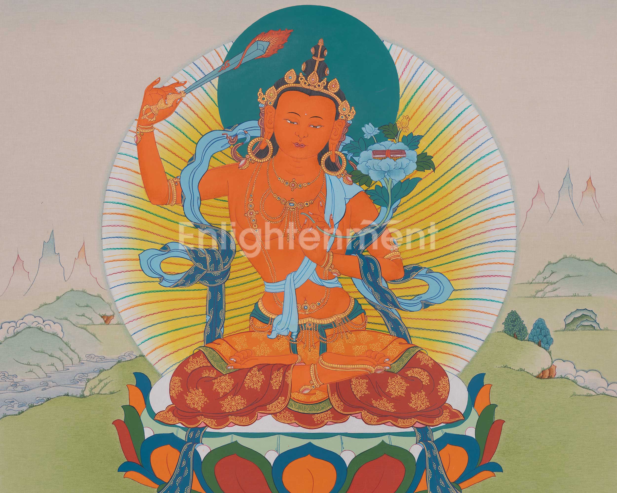 Manjushri Wisdom Deity Artwork | Tibetan Thangka of Enlightened Knowledge